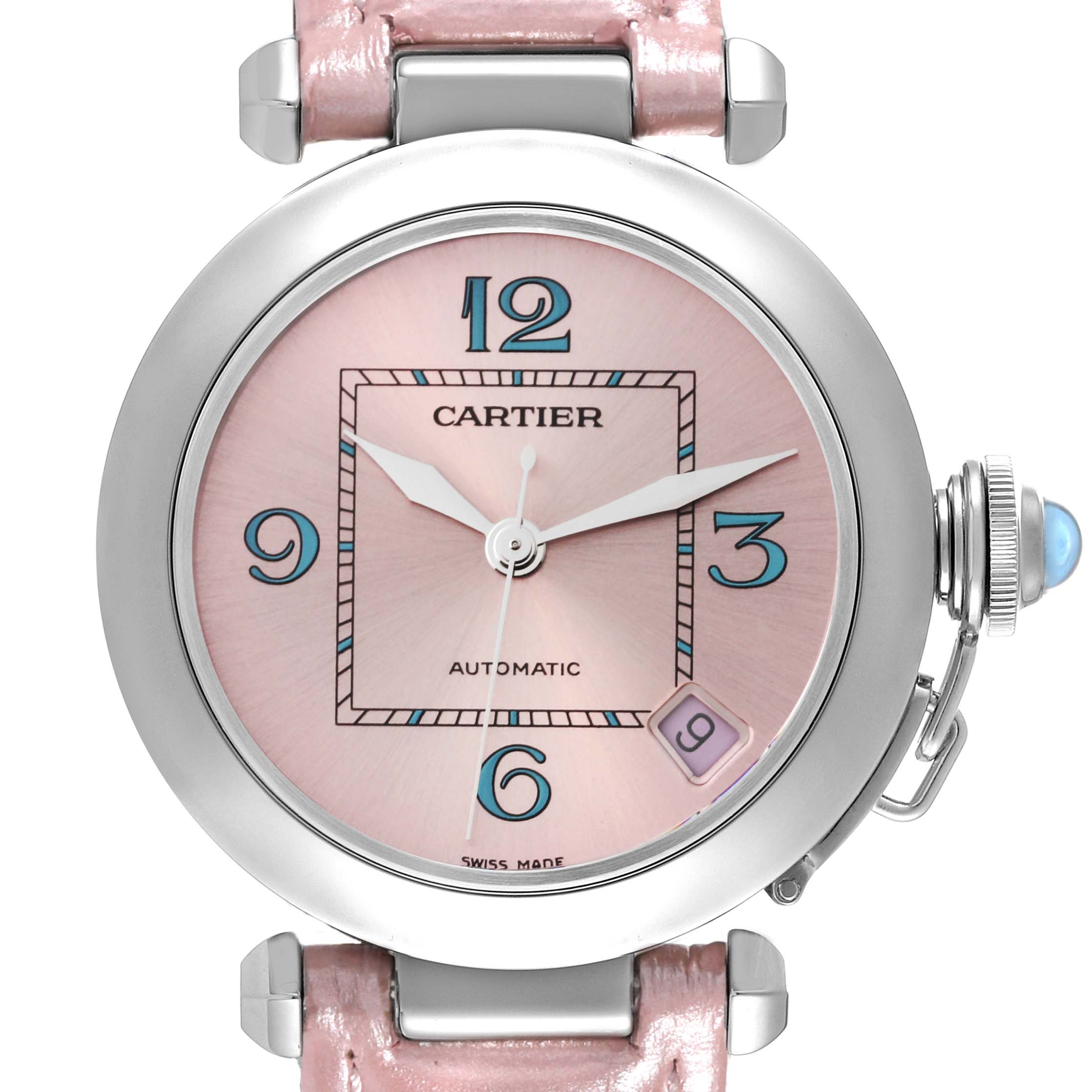 The image shows a front view of the Cartier Pasha 61675 Women's Stainless Steel Pink Dial 61675 Women's Stainless Steel Pink Dial watch, highlighting the pink dial, date window, and pink leather strap.