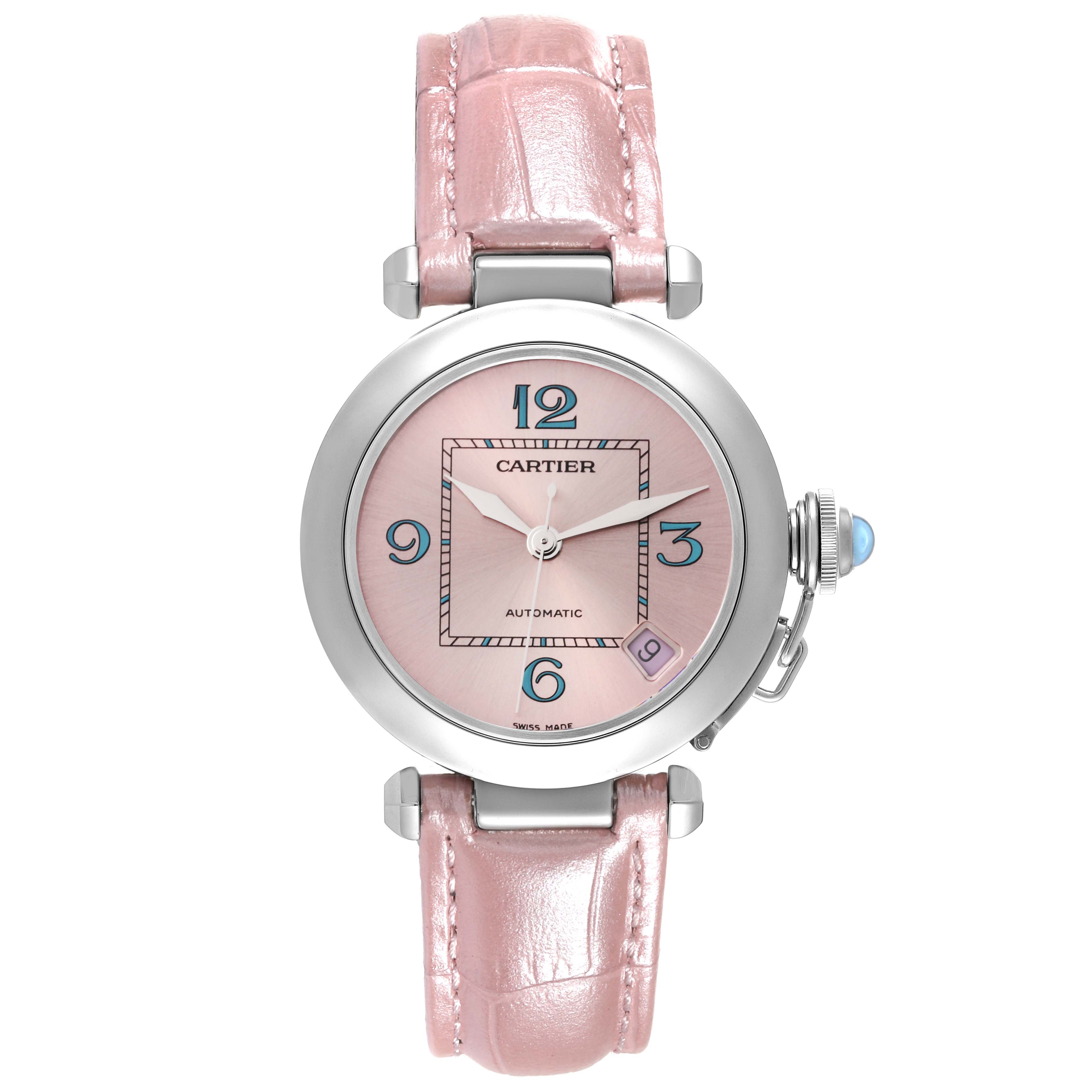 This image shows a front view of the Cartier Pasha 61675 Women's Stainless Steel Pink Dial 61675 Women's Stainless Steel Pink Dial watch with a pink strap and dial, featuring blue numerals and a date window.