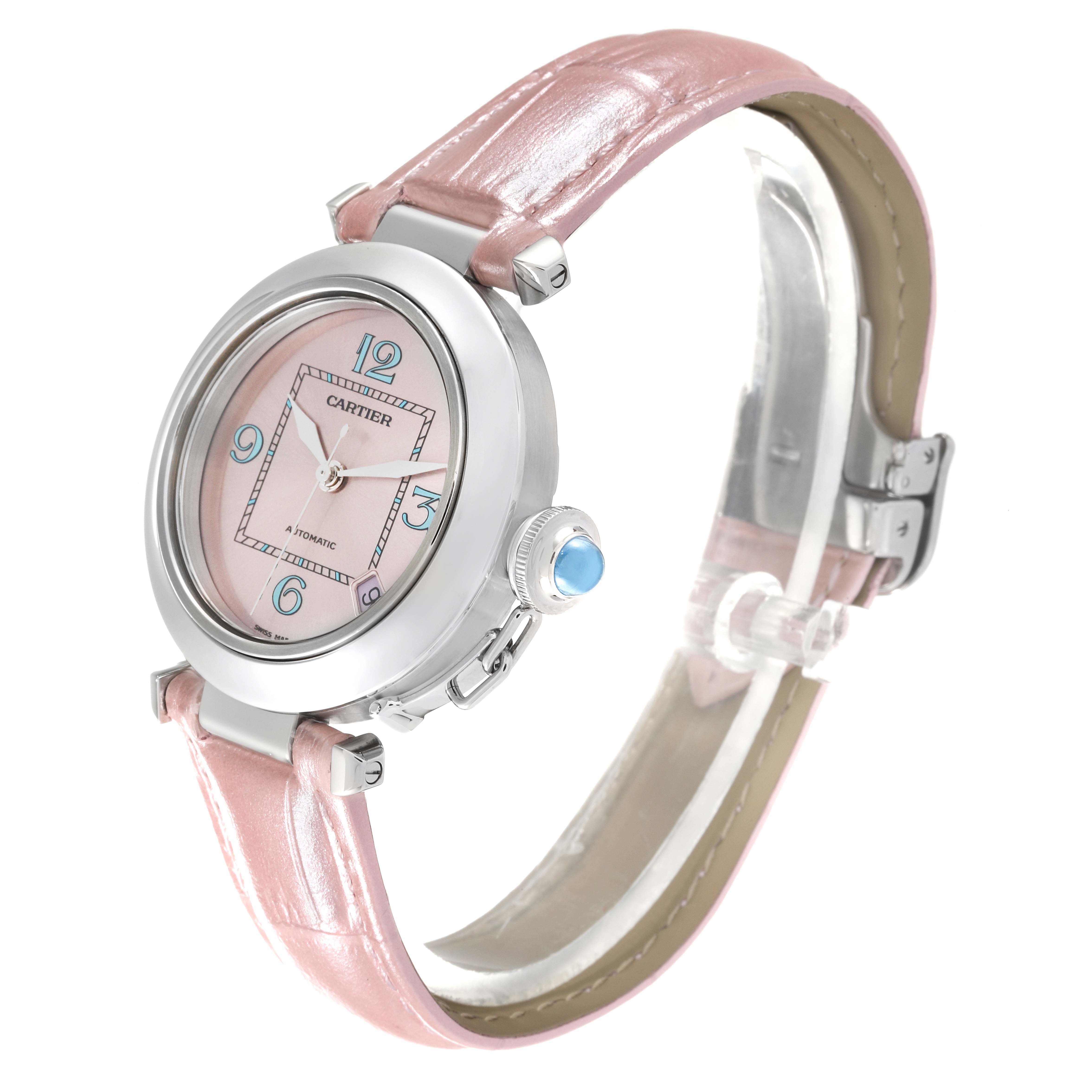 This image shows a side profile of a Cartier Pasha 61675 Women's Stainless Steel Pink Dial 61675 Women's Stainless Steel Pink Dial watch with a pink leather strap and a round face.