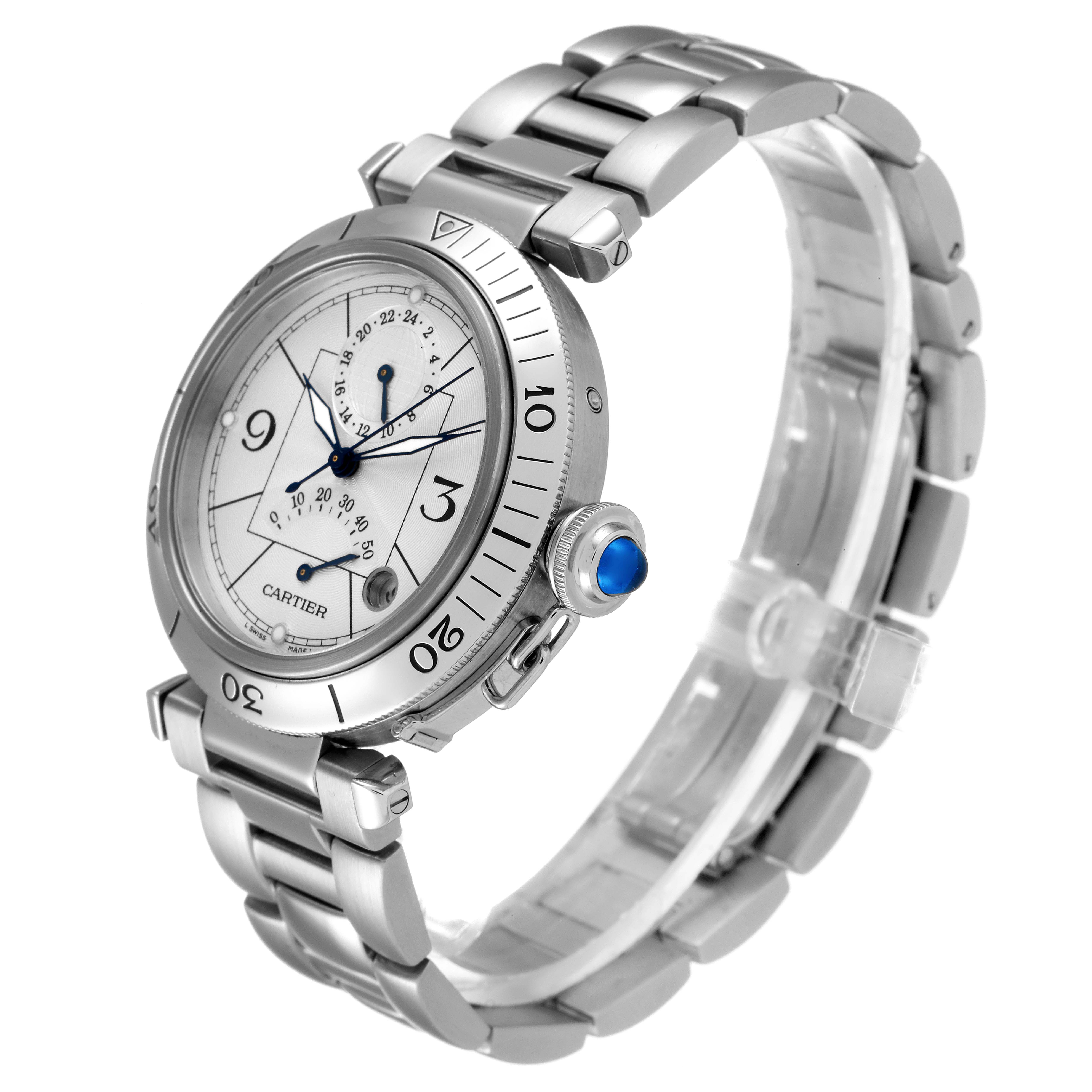 This Cartier Pasha W31037H3 Men
s Stainless Steel Silver Dial W31037H3 Men
s Stainless Steel Silver Dial watch is shown at a three-quarter angle, highlighting the dial, bezel, bracelet, and crown.