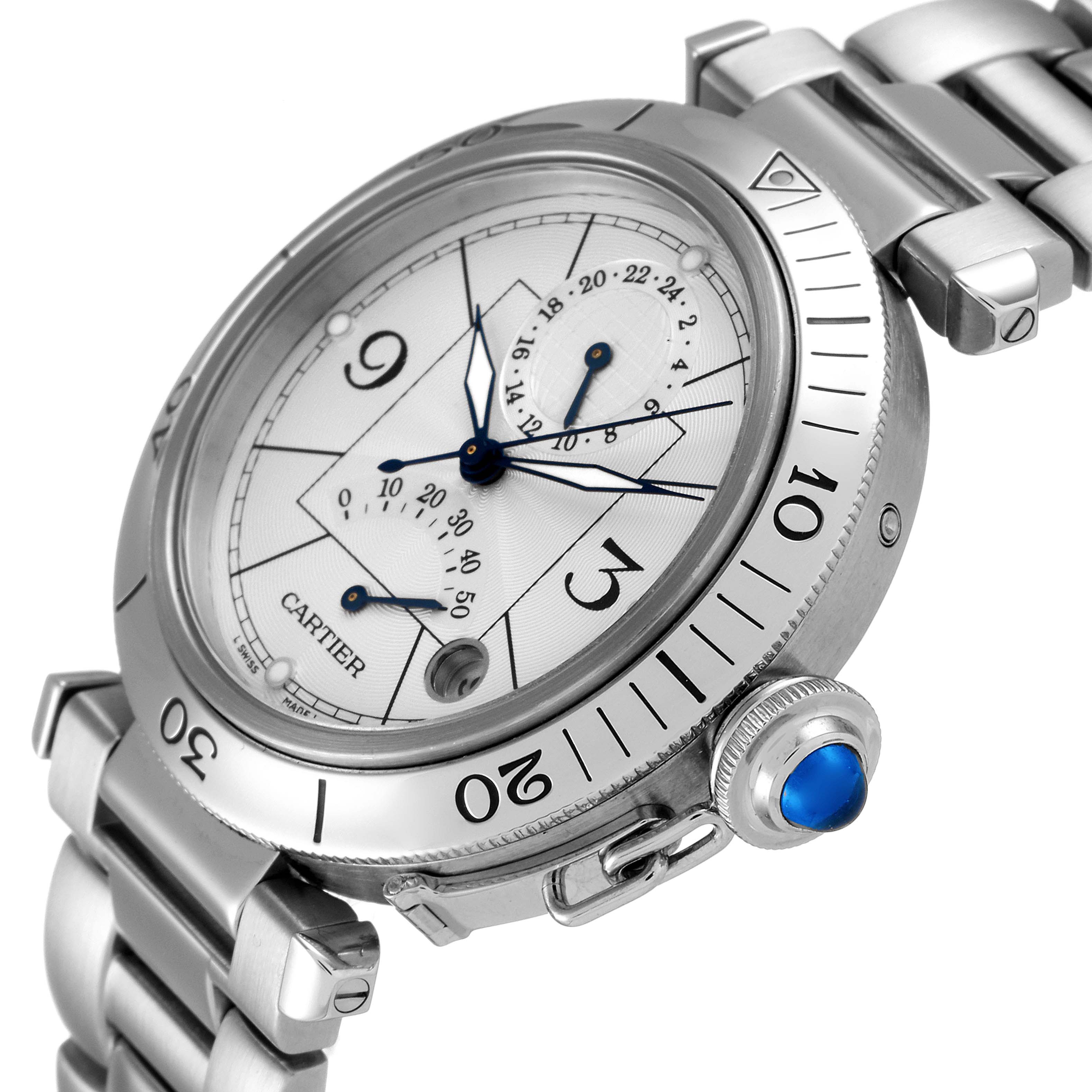 This image shows a close-up, angled view of the Cartier Pasha W31037H3 Men
s Stainless Steel Silver Dial W31037H3 Men
s Stainless Steel Silver Dial watch, highlighting the bezel, dial, crown, and bracelet.