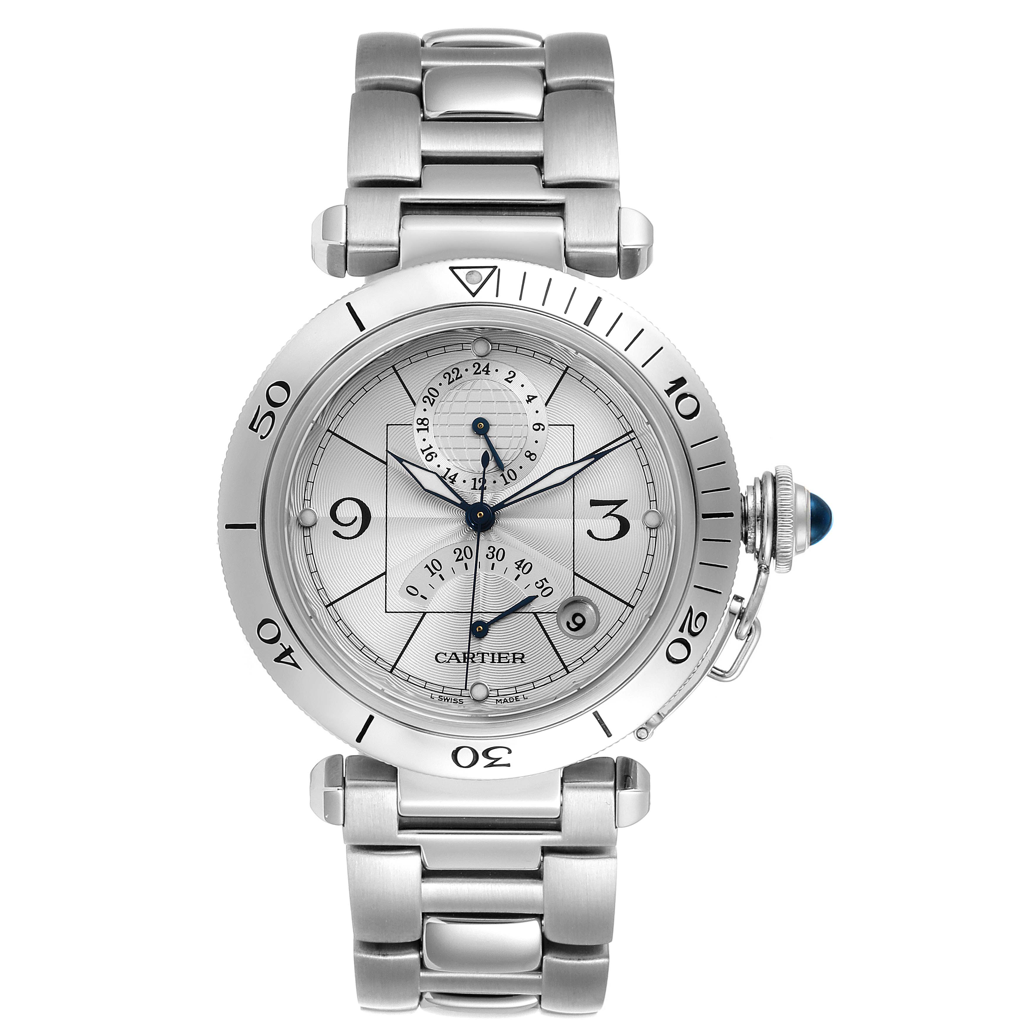 This image shows a frontal view of a Cartier Pasha W31037H3 Men
s Stainless Steel Silver Dial W31037H3 Men
s Stainless Steel Silver Dial watch, highlighting its dial, bezel, and bracelet.