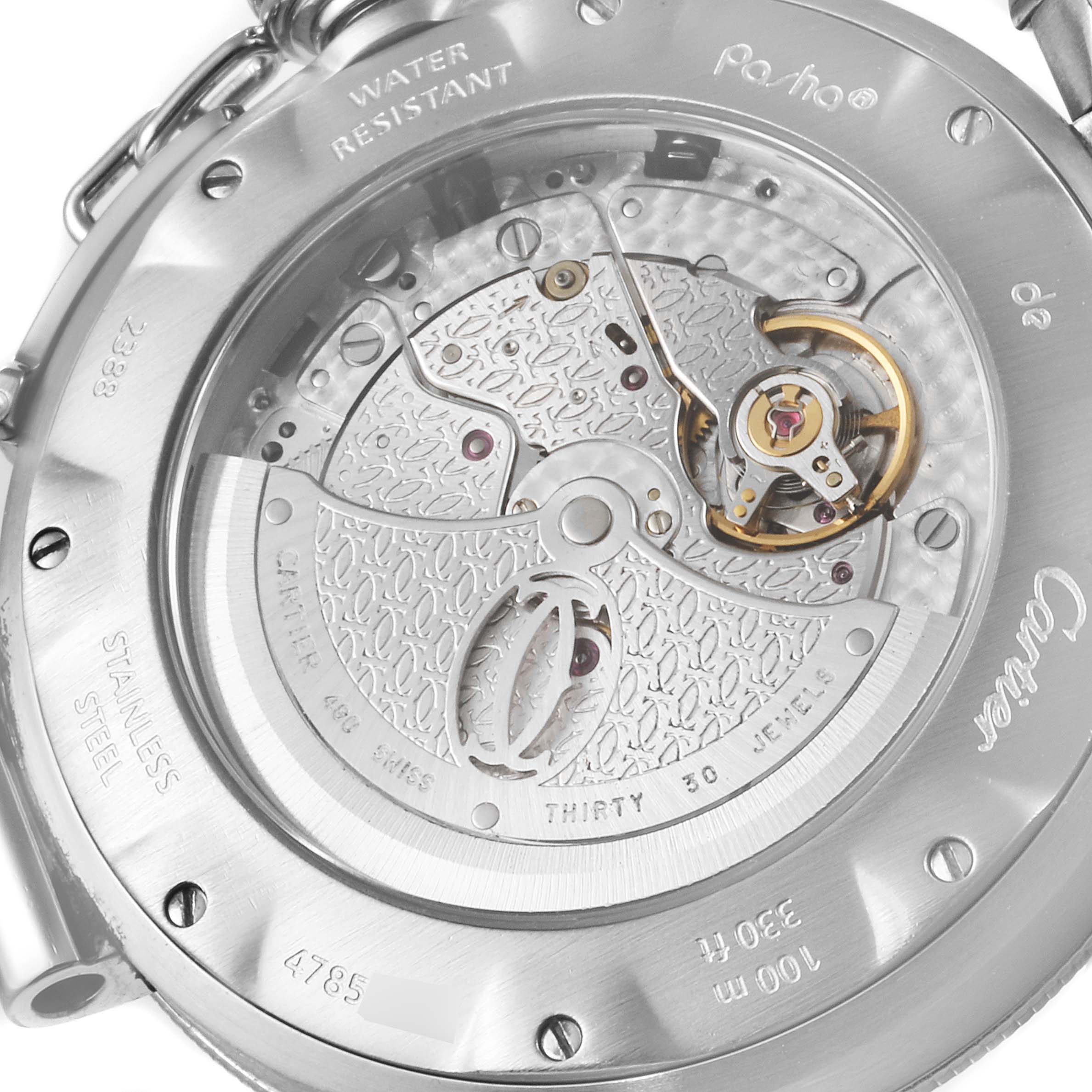 The image shows the back view of the Cartier Pasha W31037H3 Men
s Stainless Steel Silver Dial W31037H3 Men
s Stainless Steel Silver Dial watch, highlighting its intricate movement and internal mechanisms.