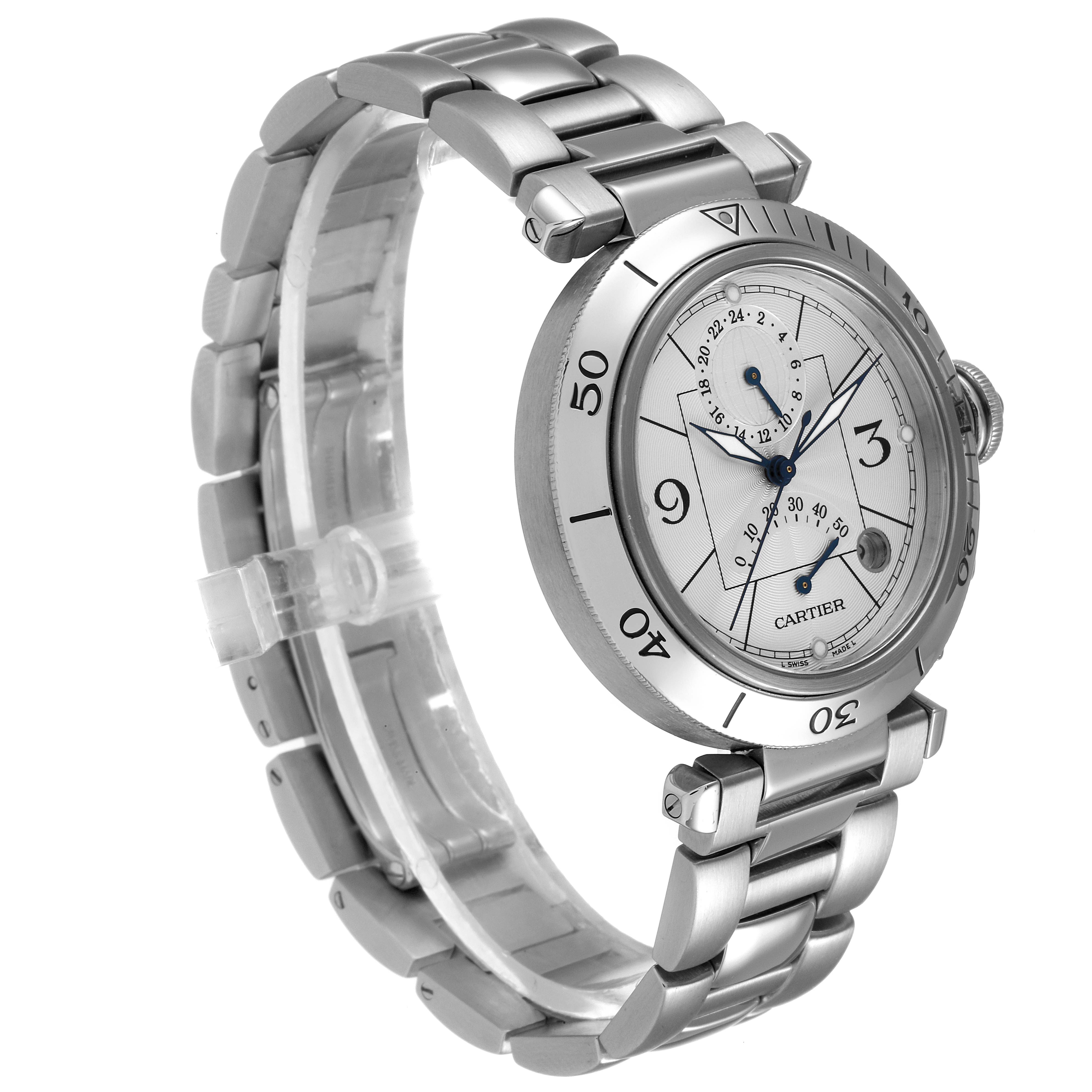 The image shows a Cartier Pasha W31037H3 Men
s Stainless Steel Silver Dial W31037H3 Men
s Stainless Steel Silver Dial model watch from a slight side angle, highlighting the face, bezel, and metal bracelet.