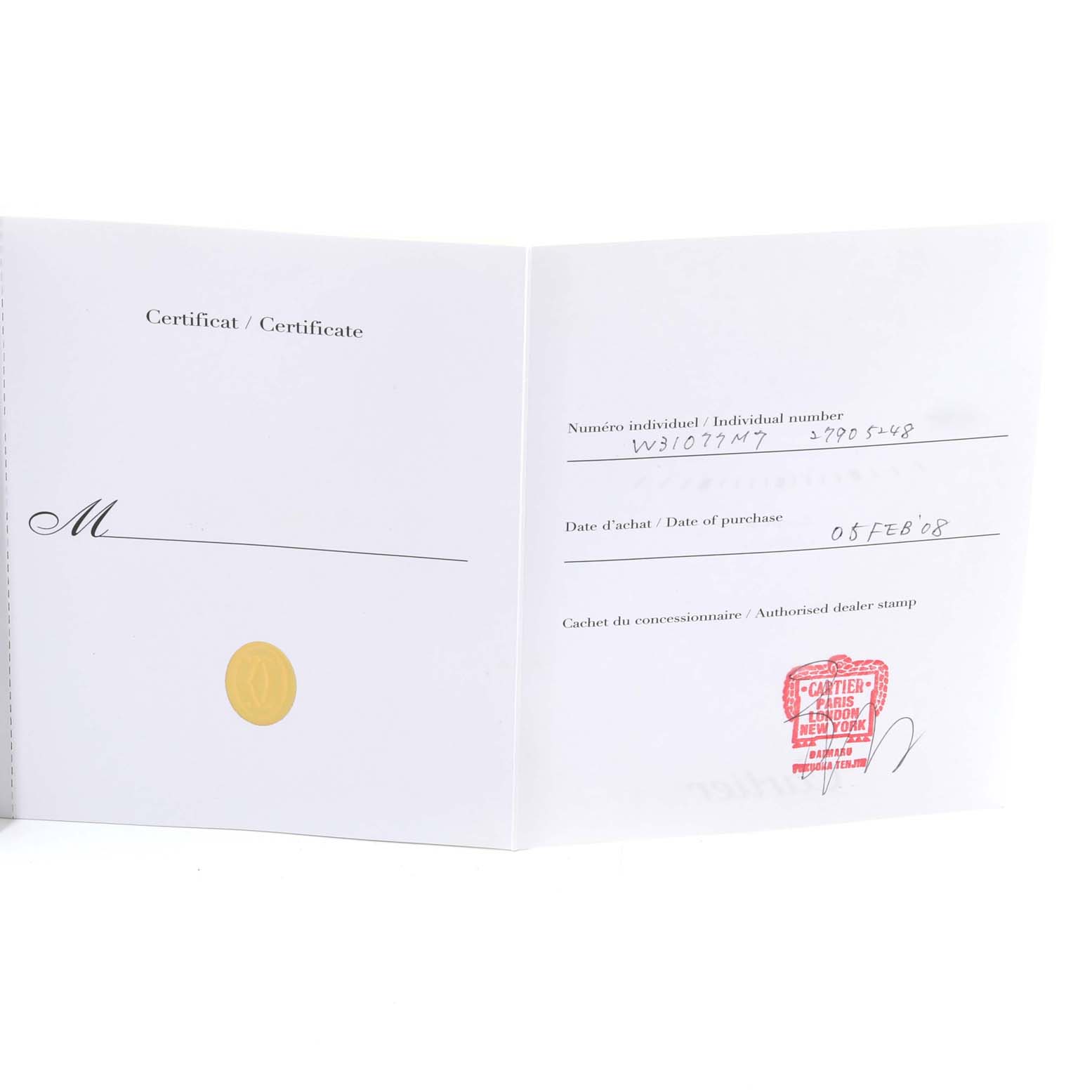 The image shows the opened certificate for the Cartier Pasha W31077M7 Men
s Stainless Steel Black Dial W31077M7 Men
s Stainless Steel Black Dial model watch, displaying individual number, date of purchase, and dealer stamp.