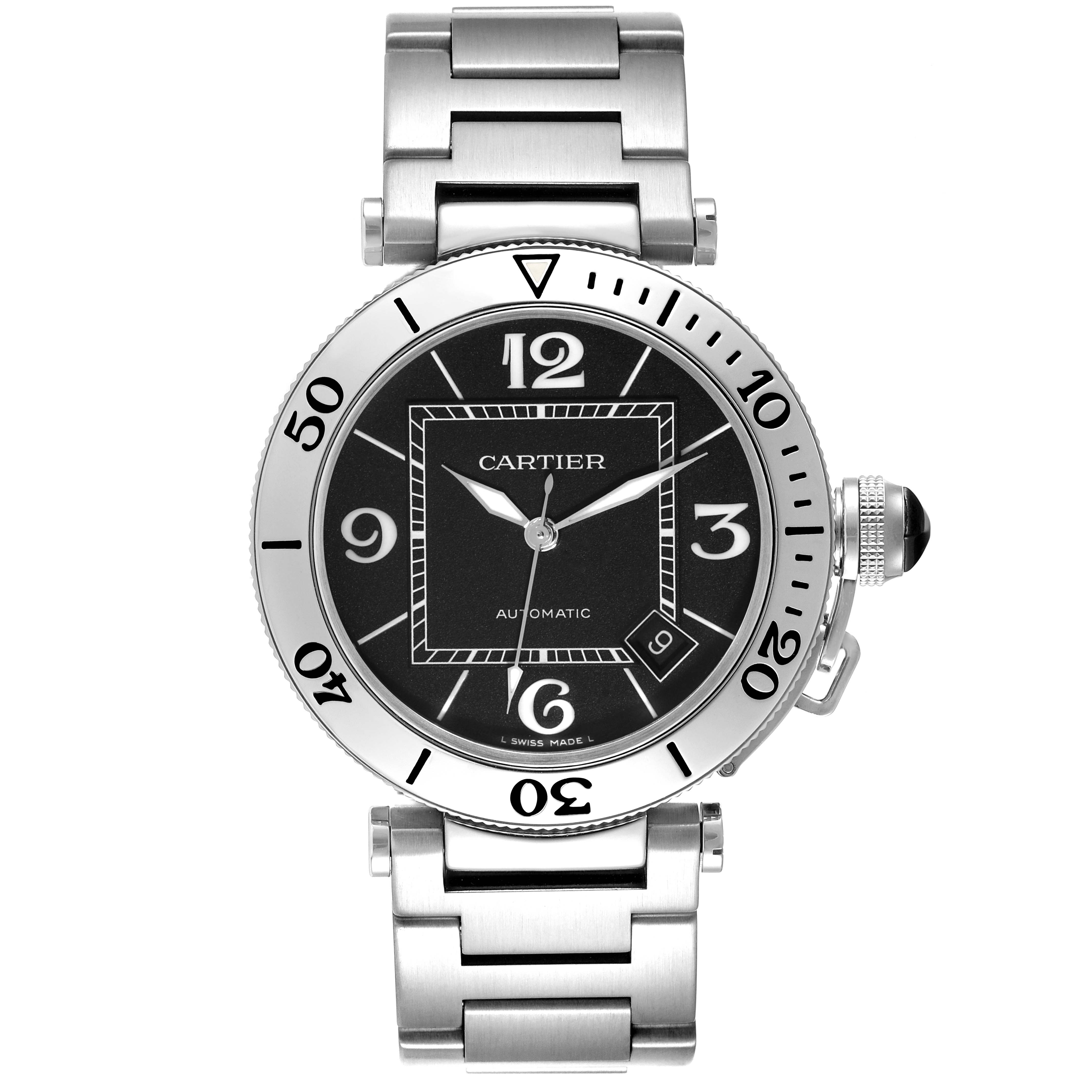 The image shows a top-down view of a Cartier Pasha W31077M7 Men
s Stainless Steel Black Dial W31077M7 Men
s Stainless Steel Black Dial model watch, featuring its face, bezel, and bracelet.