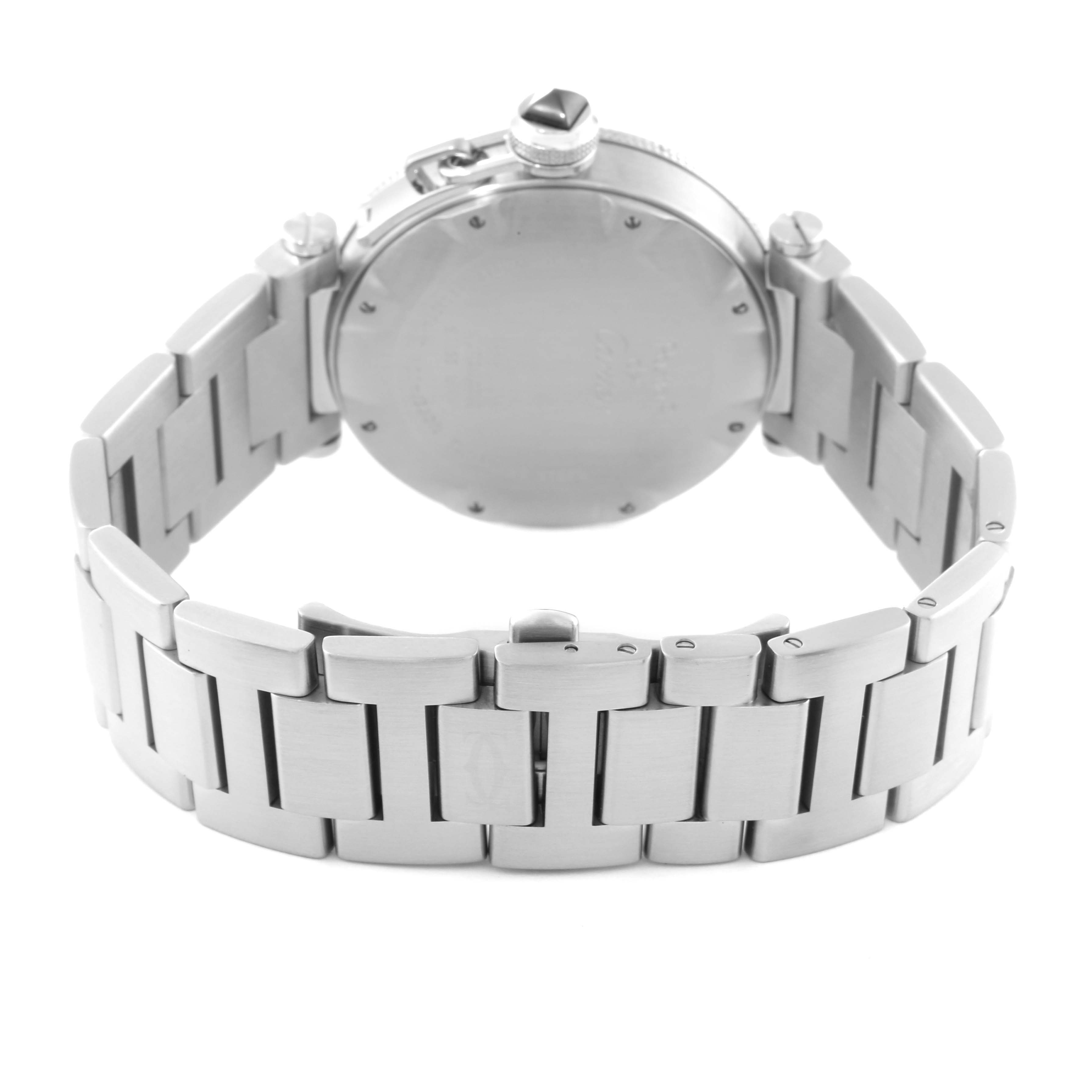 The image shows the back case and bracelet of a Cartier Pasha W31077M7 Men
s Stainless Steel Black Dial W31077M7 Men
s Stainless Steel Black Dial watch from a rear angle.