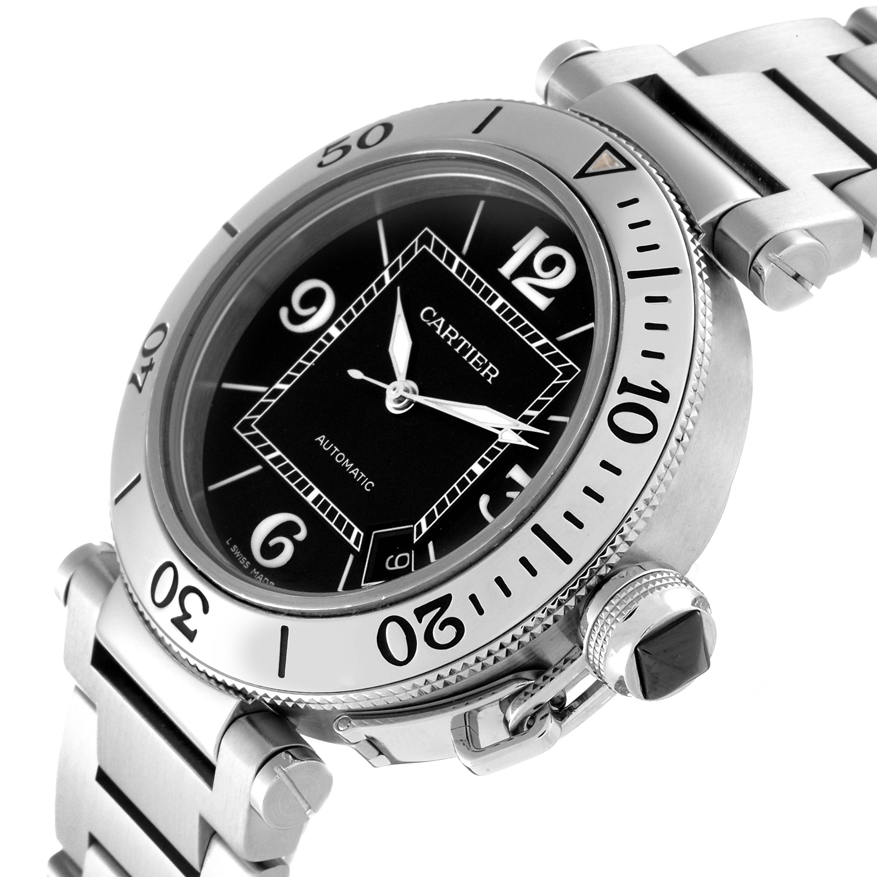 This image shows a close-up angled view of the Cartier Pasha W31077M7 Men
s Stainless Steel Black Dial W31077M7 Men
s Stainless Steel Black Dial model watch, highlighting the face, bezel, and bracelet.