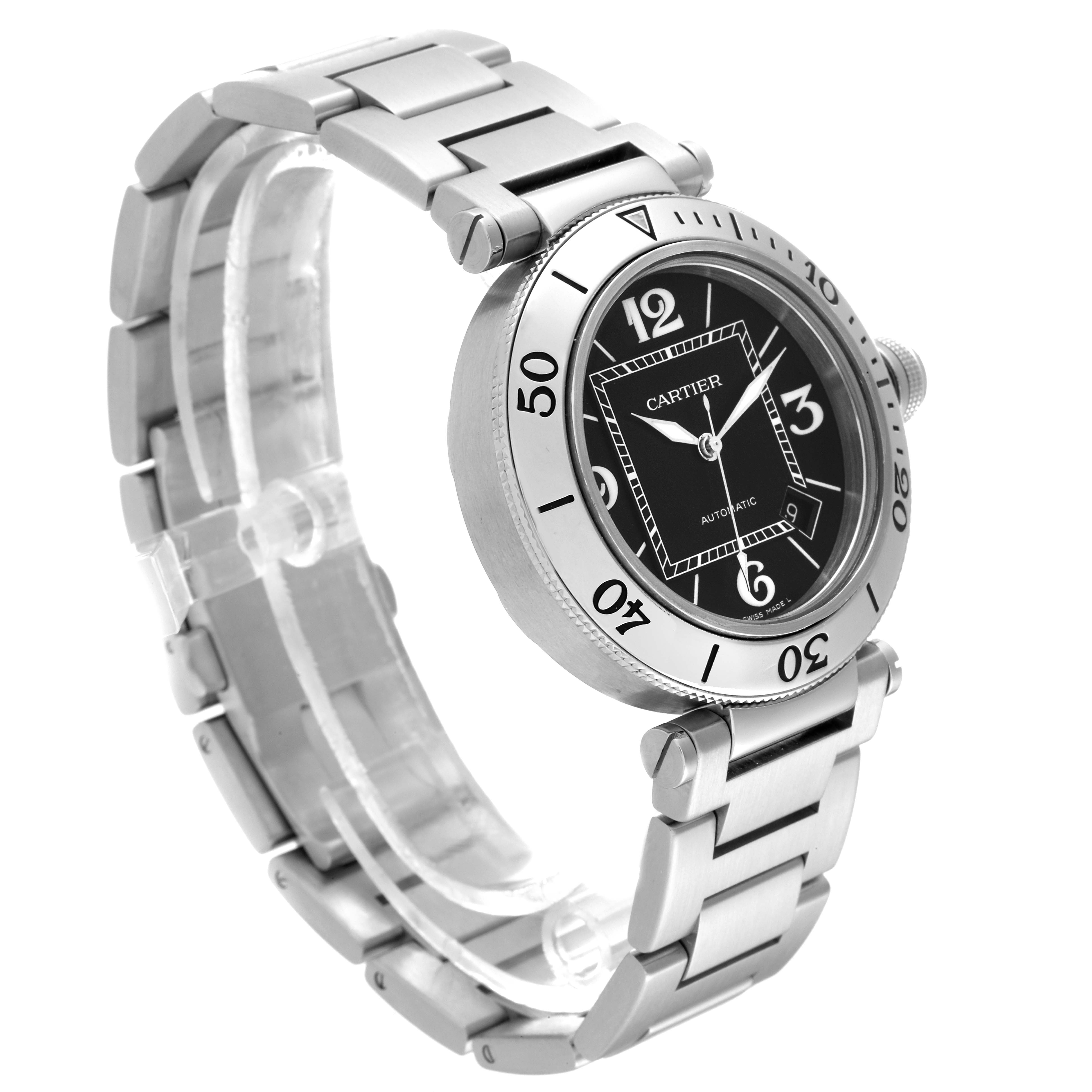 This image shows a side-angle view of a Cartier Pasha W31077M7 Men
s Stainless Steel Black Dial W31077M7 Men
s Stainless Steel Black Dial watch, highlighting its bezel, black dial, and stainless steel bracelet.