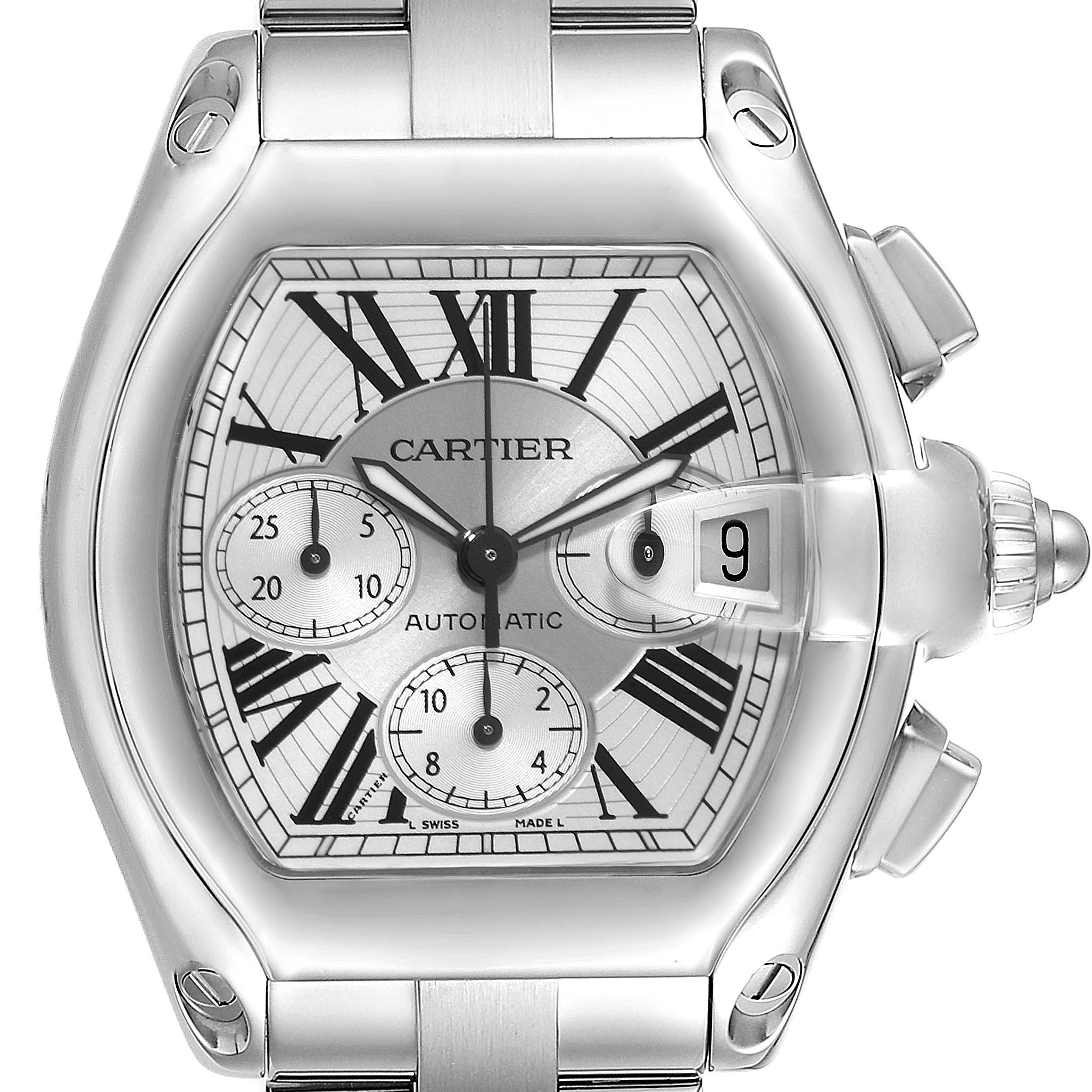 This Cartier Roadster W62019X6 Men's Stainless Steel Silver Dial W62019X6 Men's Stainless Steel Silver Dial watch is shown from a front view, highlighting the dial, case, pushers, and part of the bracelet.