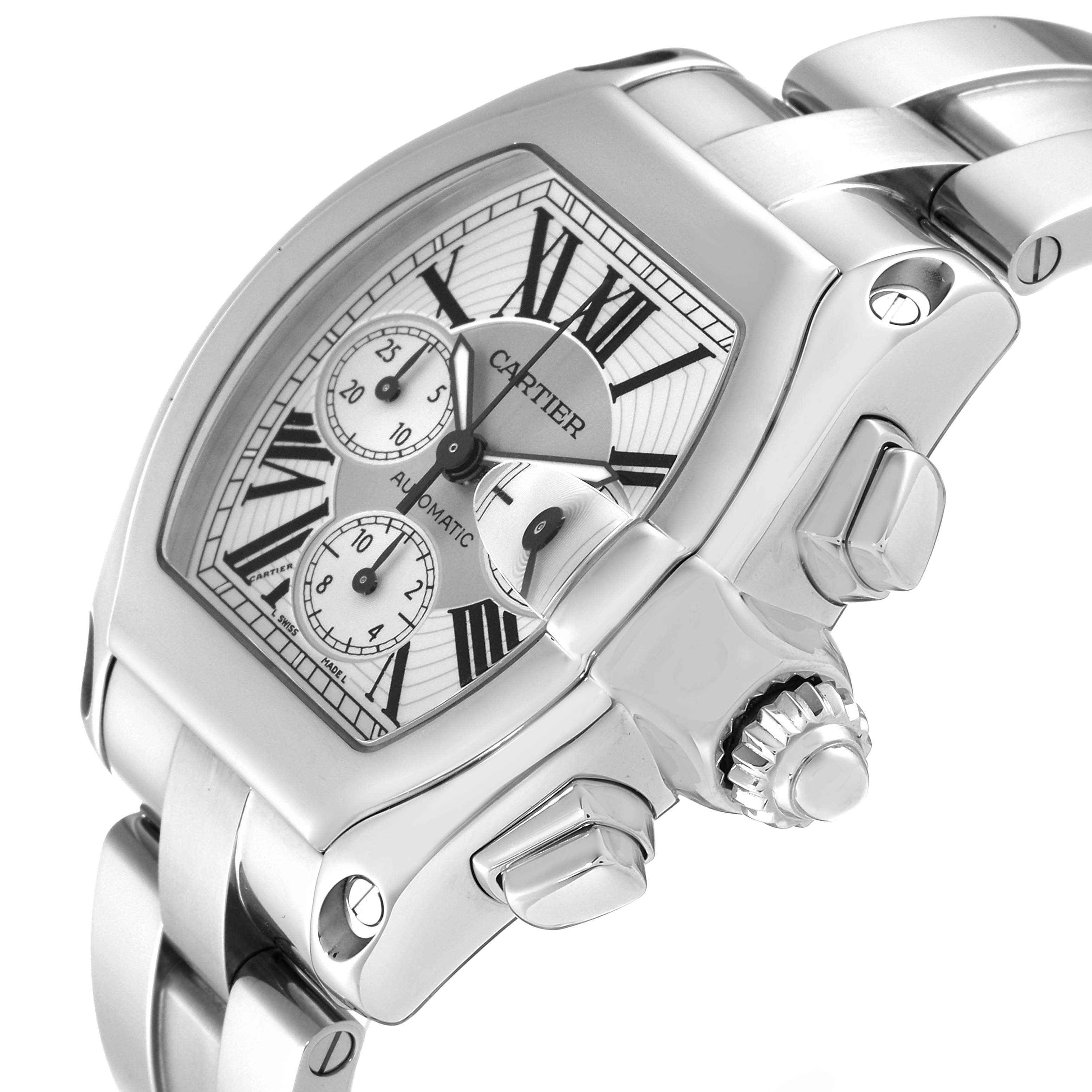 The image shows a close-up side angle of a Cartier Roadster W62019X6 Men's Stainless Steel Silver Dial W62019X6 Men's Stainless Steel Silver Dial watch, highlighting the dial, crown, and part of the bracelet.