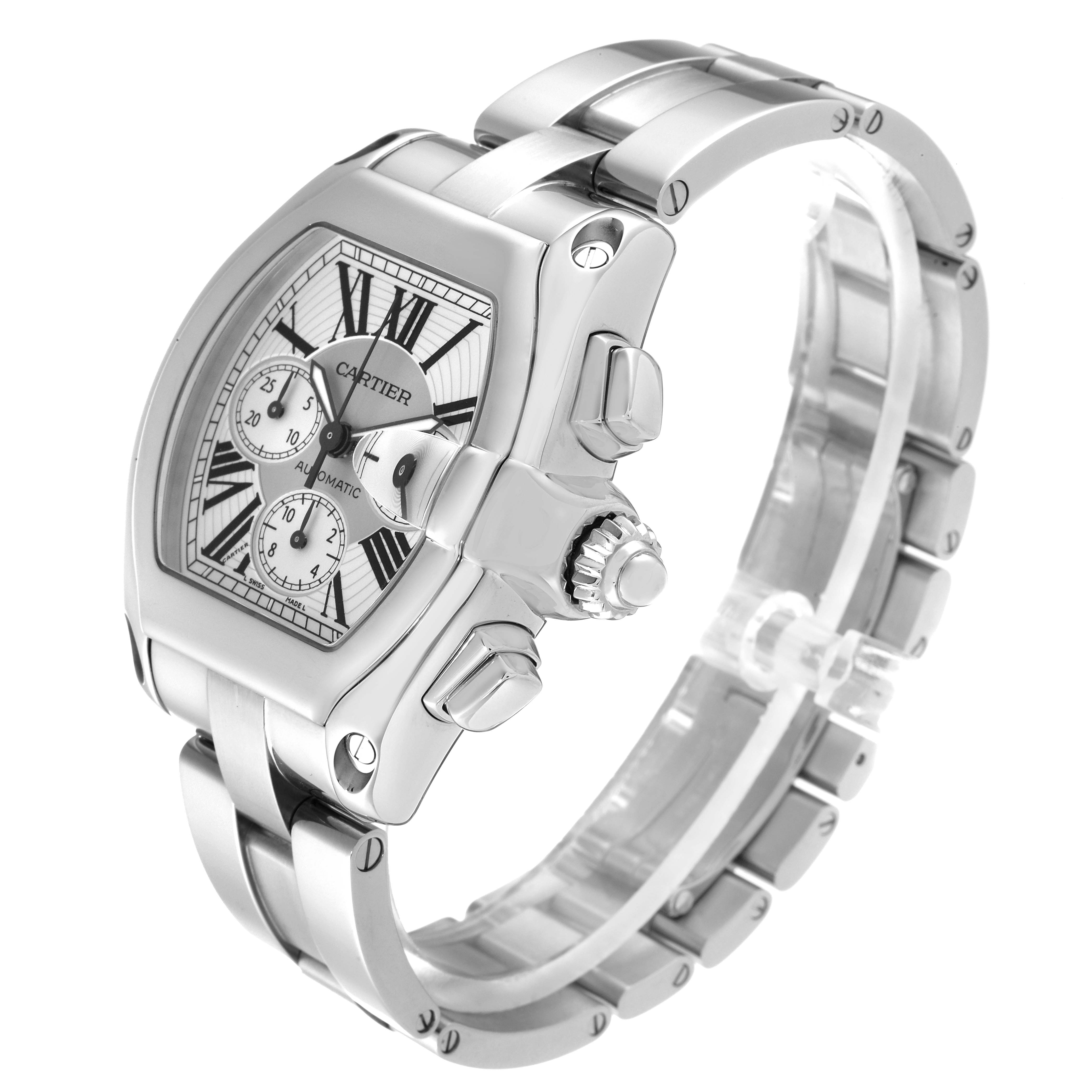 The image shows a Cartier Roadster W62019X6 Men's Stainless Steel Silver Dial W62019X6 Men's Stainless Steel Silver Dial watch at an oblique angle, highlighting the case, dial, crown, and bracelet.