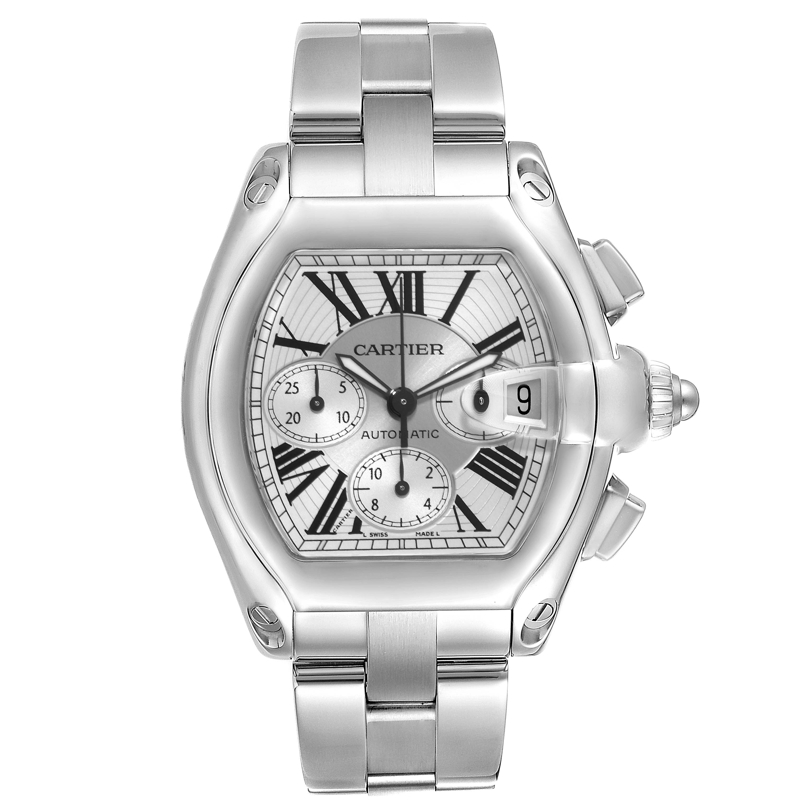 The image shows a front view of a Cartier Roadster W62019X6 Men's Stainless Steel Silver Dial W62019X6 Men's Stainless Steel Silver Dial watch, displaying its face, bracelet, and side crown.