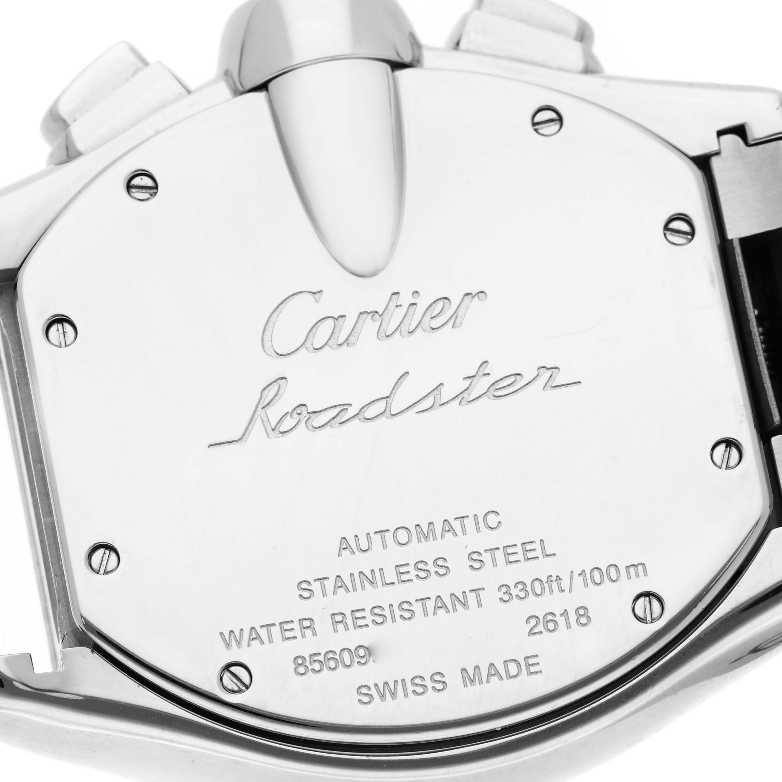 The image shows the back view of the Cartier Roadster W62019X6 Men's Stainless Steel Silver Dial W62019X6 Men's Stainless Steel Silver Dial watch, highlighting its details and engravings.