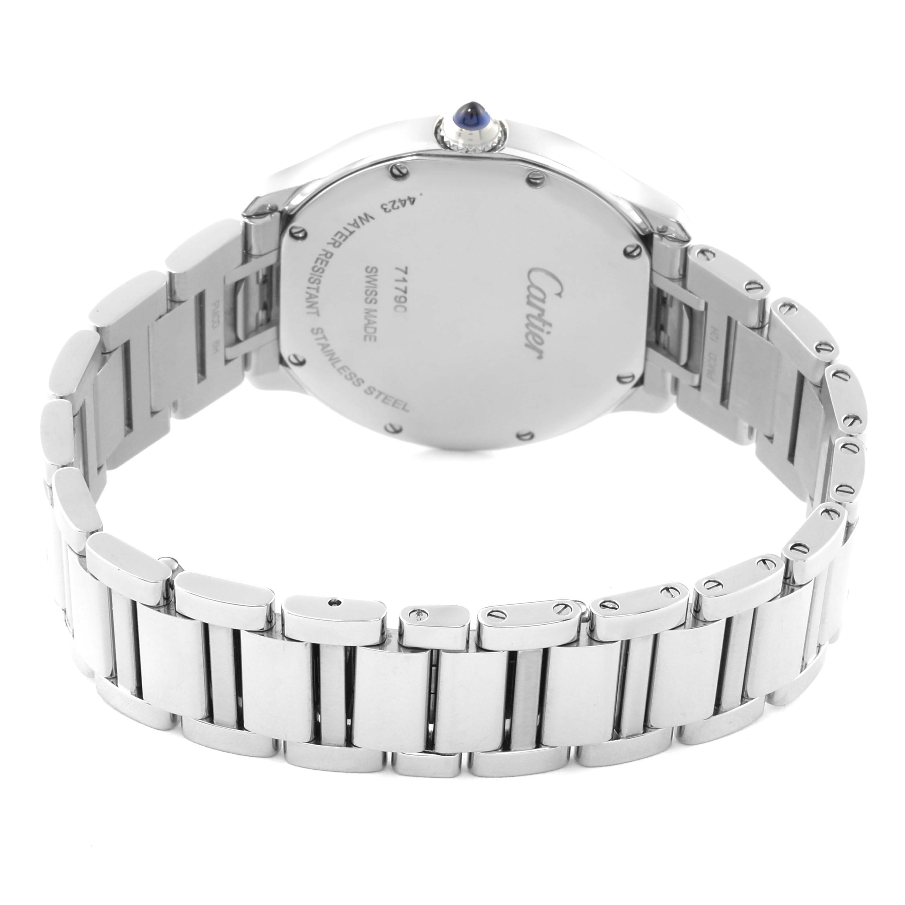The image shows the back view of a Cartier Ronde WSRN0034 Men
s Stainless Steel Silver Dial WSRN0034 Men
s Stainless Steel Silver Dial model watch, highlighting the case back and metal bracelet.