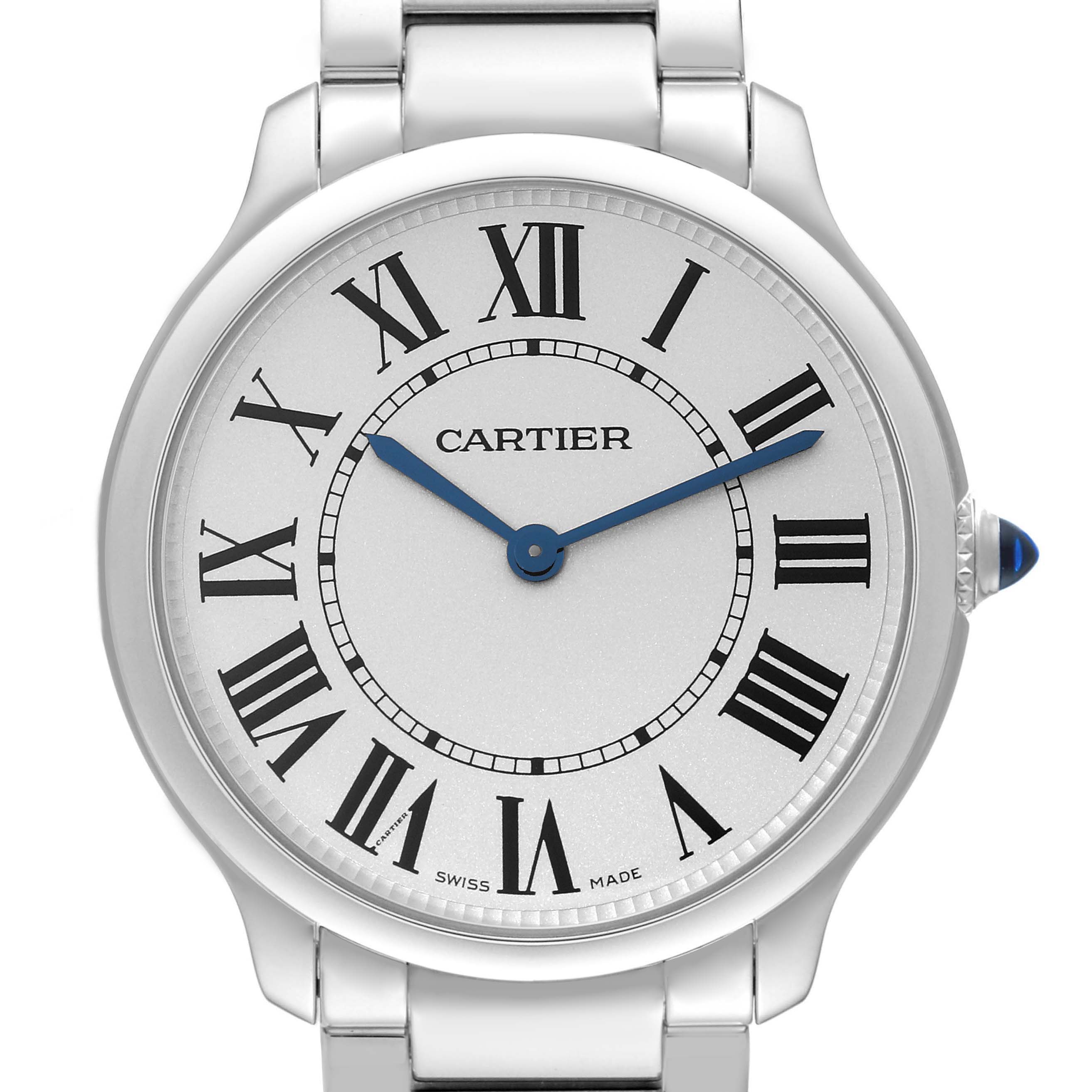 The image shows a front view of the Cartier Ronde WSRN0034 Men
s Stainless Steel Silver Dial WSRN0034 Men
s Stainless Steel Silver Dial watch, displaying its dial, hands, and part of the bracelet.