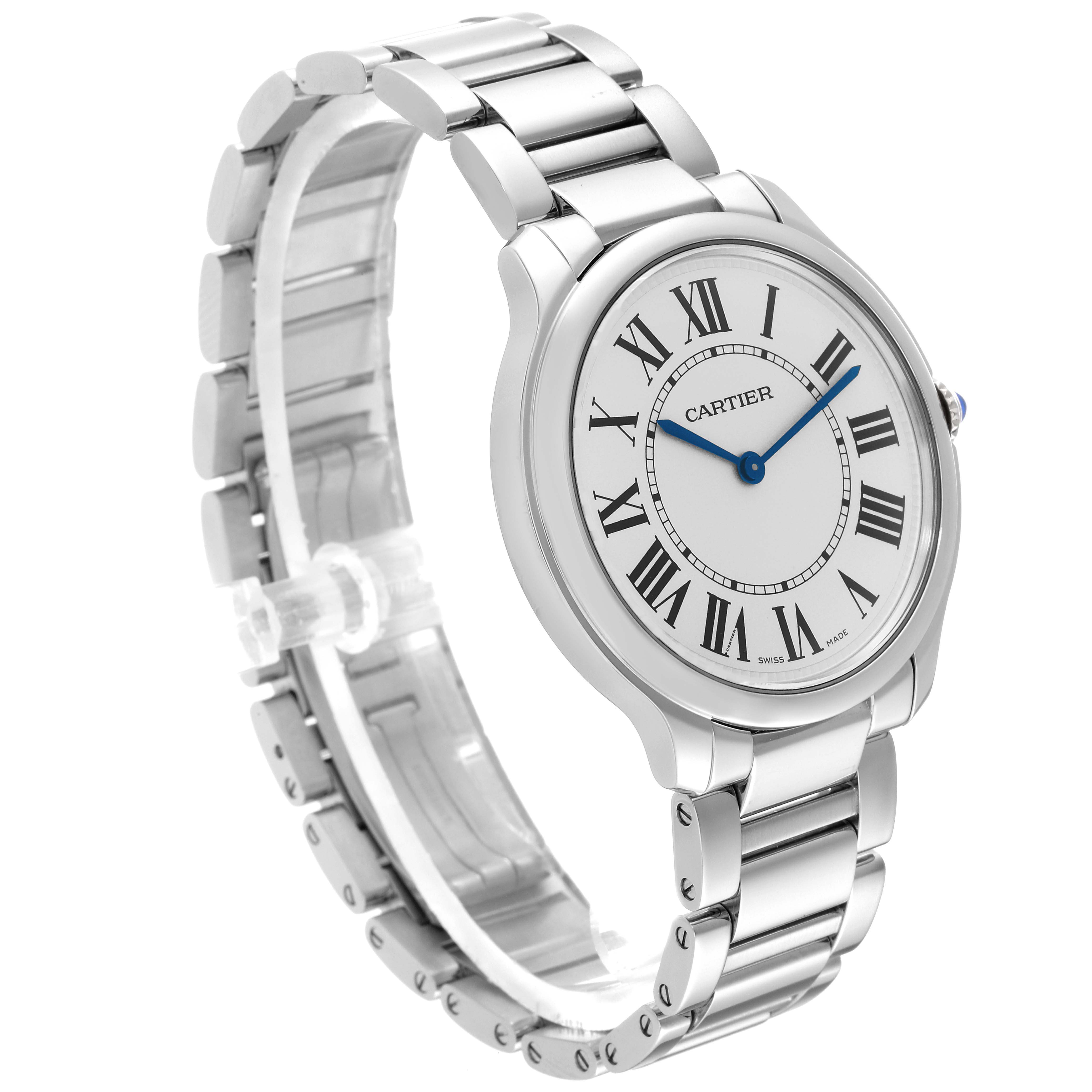 This image shows a side angle of the Cartier Ronde WSRN0034 Men
s Stainless Steel Silver Dial WSRN0034 Men
s Stainless Steel Silver Dial model watch, highlighting its bracelet and face.