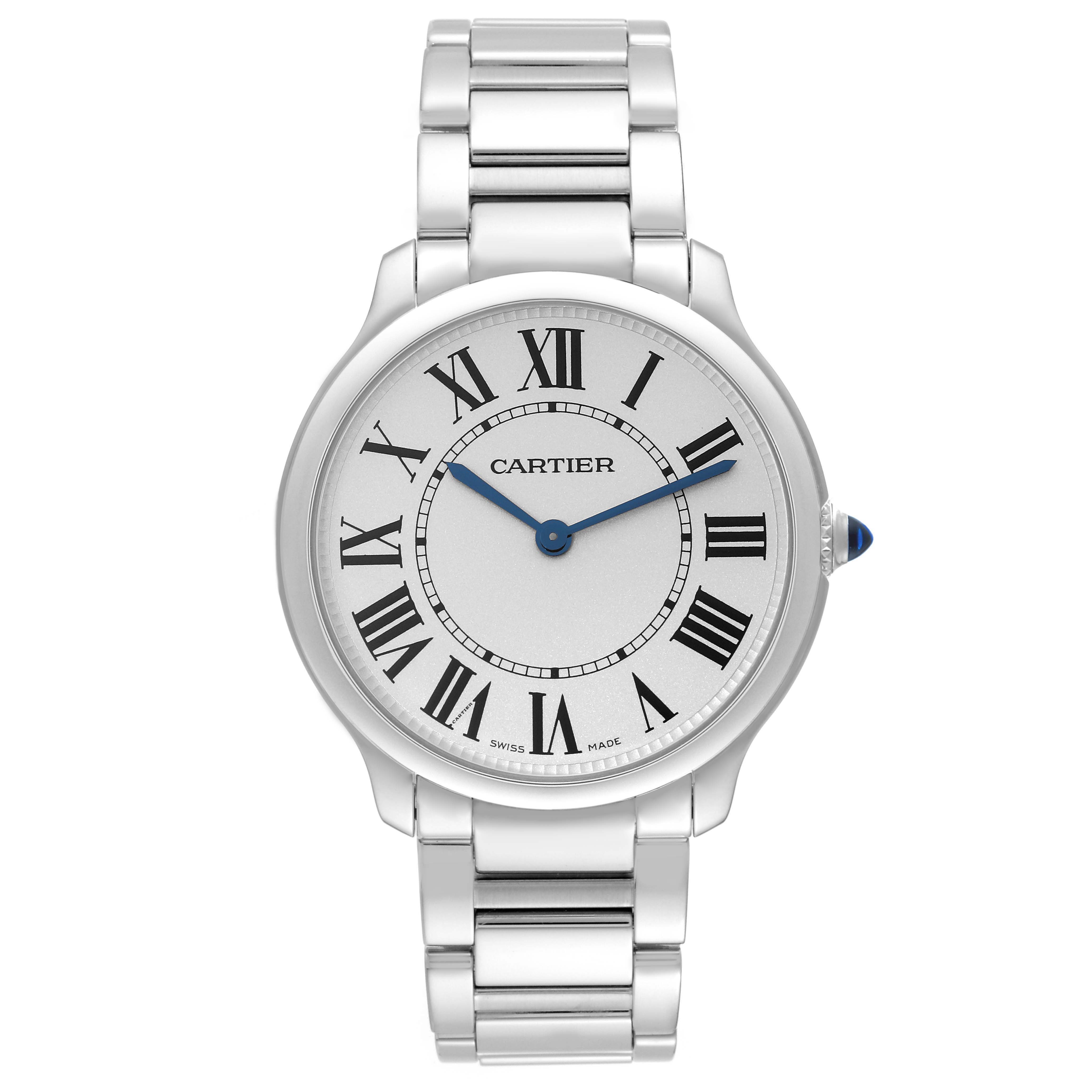 The image shows a Cartier Ronde WSRN0034 Men
s Stainless Steel Silver Dial WSRN0034 Men
s Stainless Steel Silver Dial model watch from a front angle, displaying its face, Roman numerals, and metal bracelet.