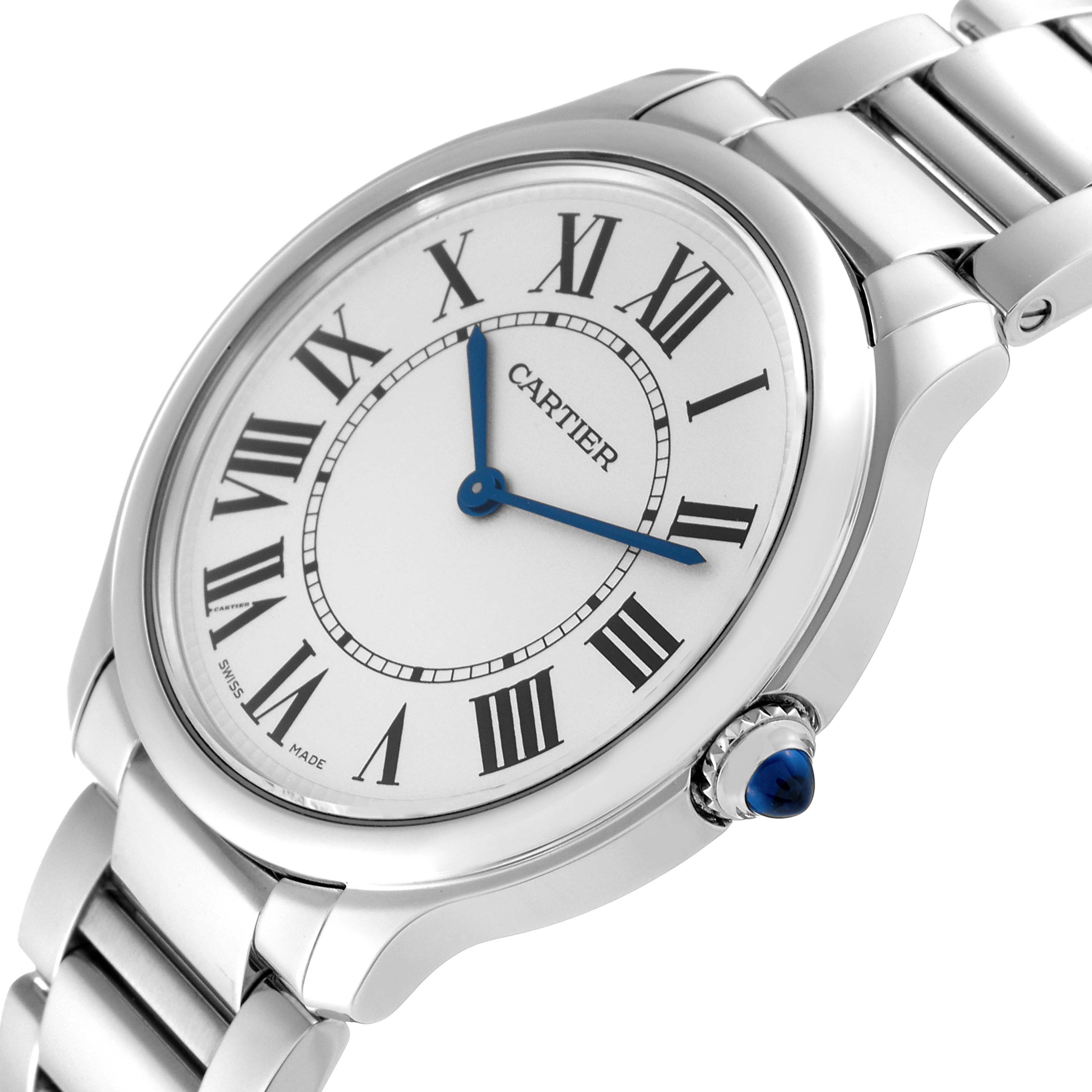 This image shows a close-up, angled view of the Cartier Ronde WSRN0034 Men
s Stainless Steel Silver Dial WSRN0034 Men
s Stainless Steel Silver Dial model watch face, bracelet, and crown.