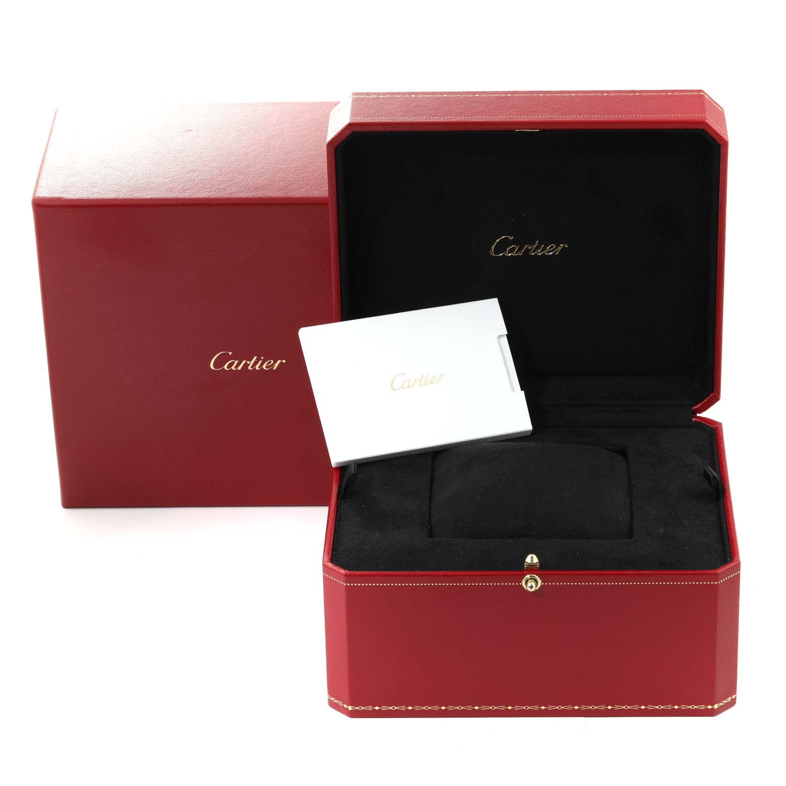 The image shows the open red box and warranty card for a Cartier Ronde WSRN0034 Men
s Stainless Steel Silver Dial WSRN0034 Men
s Stainless Steel Silver Dial watch.