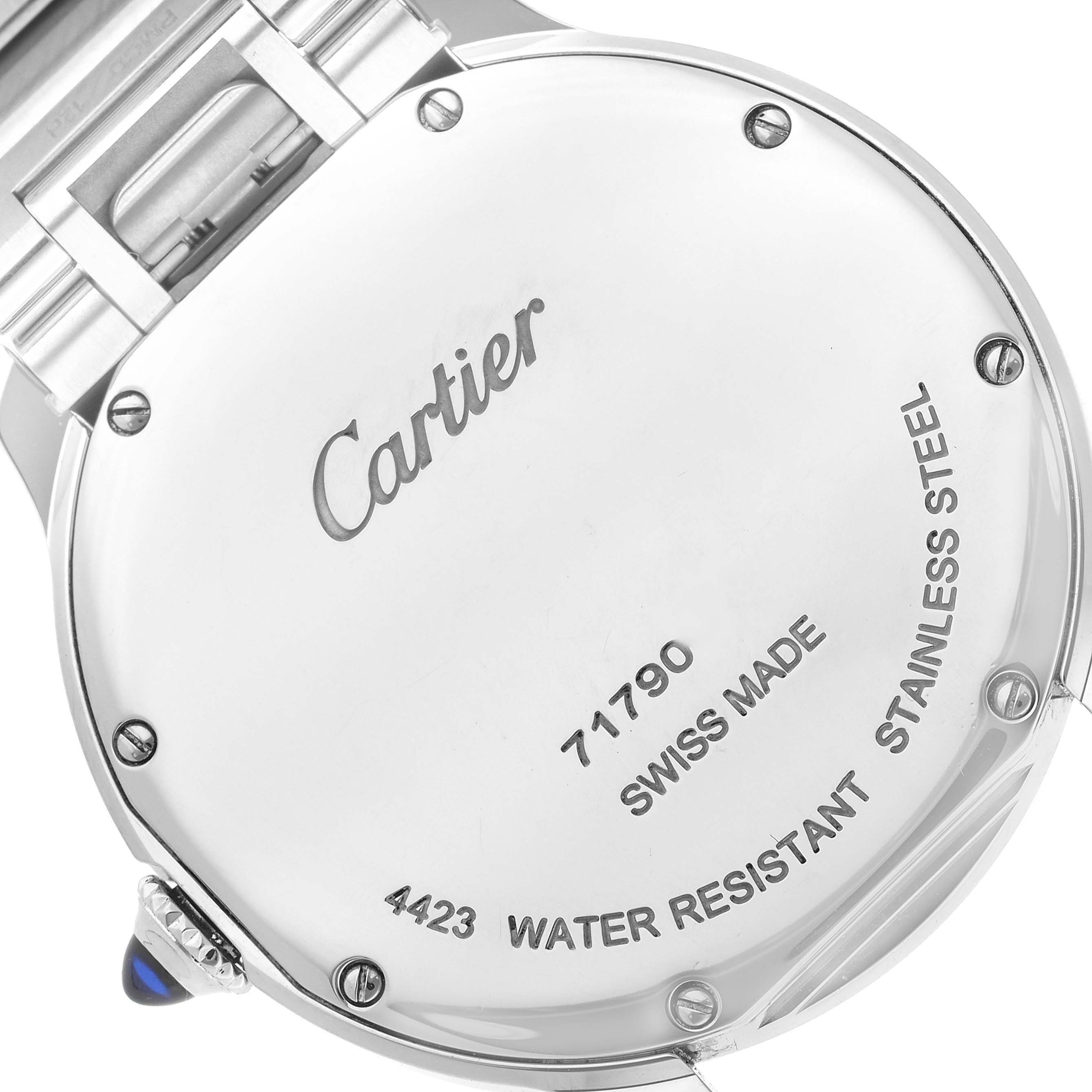 The image shows the back case and part of the bracelet of the Ronde model by Cartier.