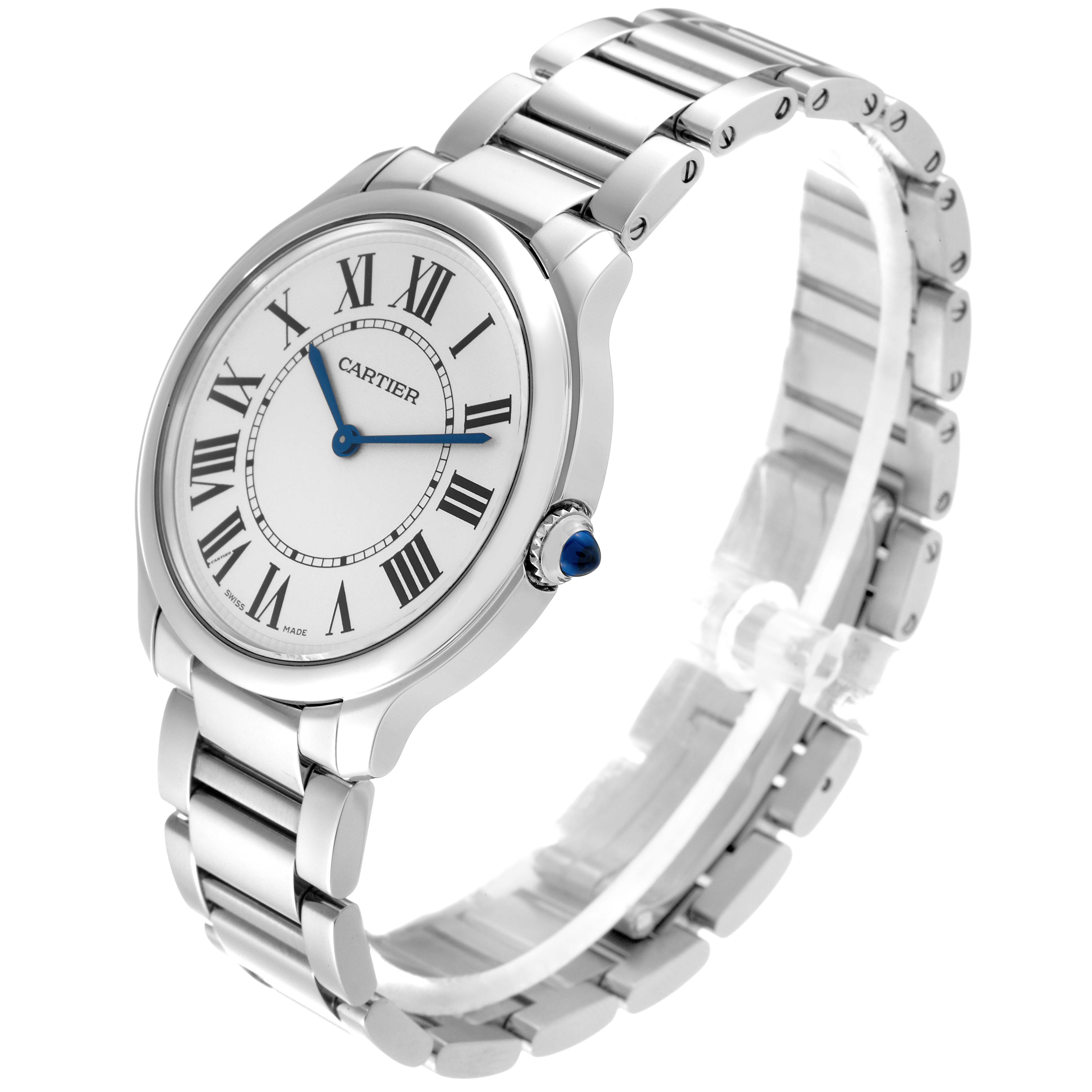 The Cartier Ronde WSRN0034 Men
s Stainless Steel Silver Dial WSRN0034 Men
s Stainless Steel Silver Dial watch is shown at a three-quarter angle, showcasing the dial, bracelet, and crown with a blue gemstone.