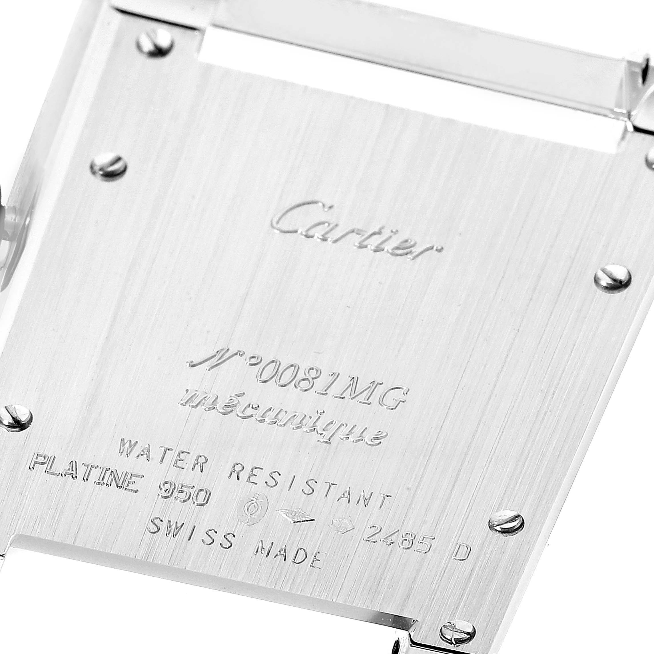 The image shows the back case of a Cartier Tank A Vis W1539951P Men's Platinum Silver Dial W1539951P Men's Platinum Silver Dial watch, featuring engraved details and screws.