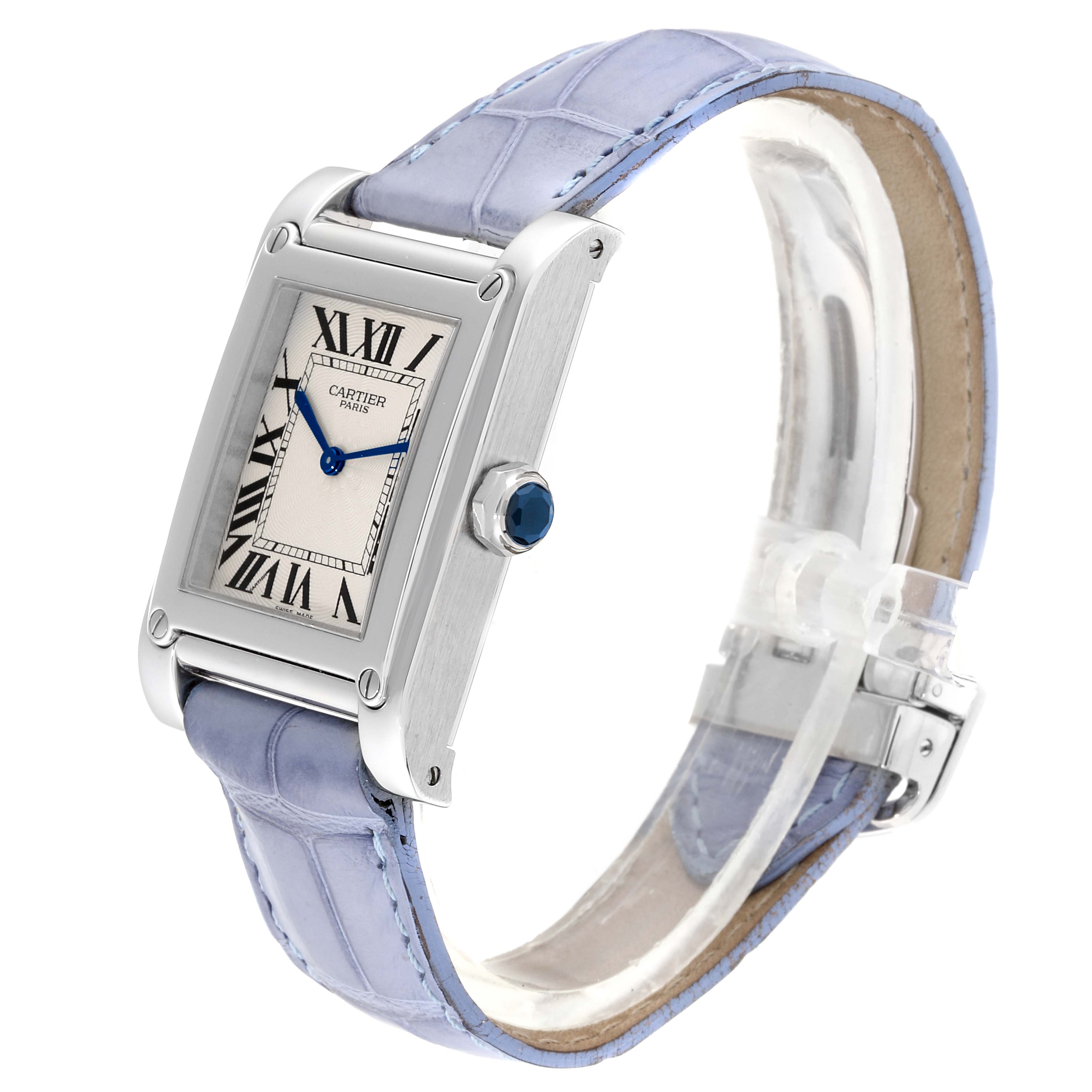 This Cartier Tank A Vis W1539951P Men's Platinum Silver Dial W1539951P Men's Platinum Silver Dial watch is shown at a three-quarter angle featuring the case, dial, crown, and strap.