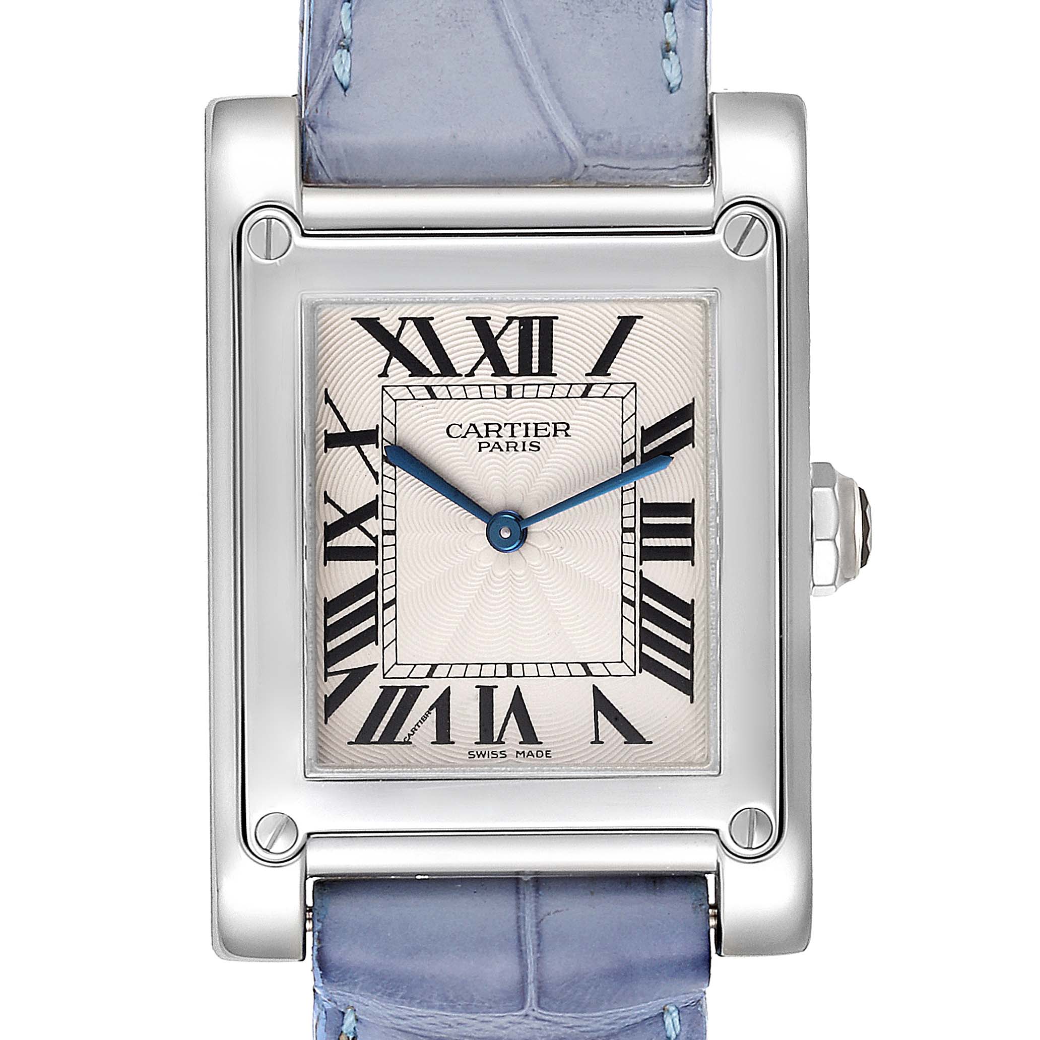 This image shows a front view of the Cartier Tank A Vis W1539951P Men's Platinum Silver Dial W1539951P Men's Platinum Silver Dial watch face, highlighting its dial, Roman numerals, and blue strap.