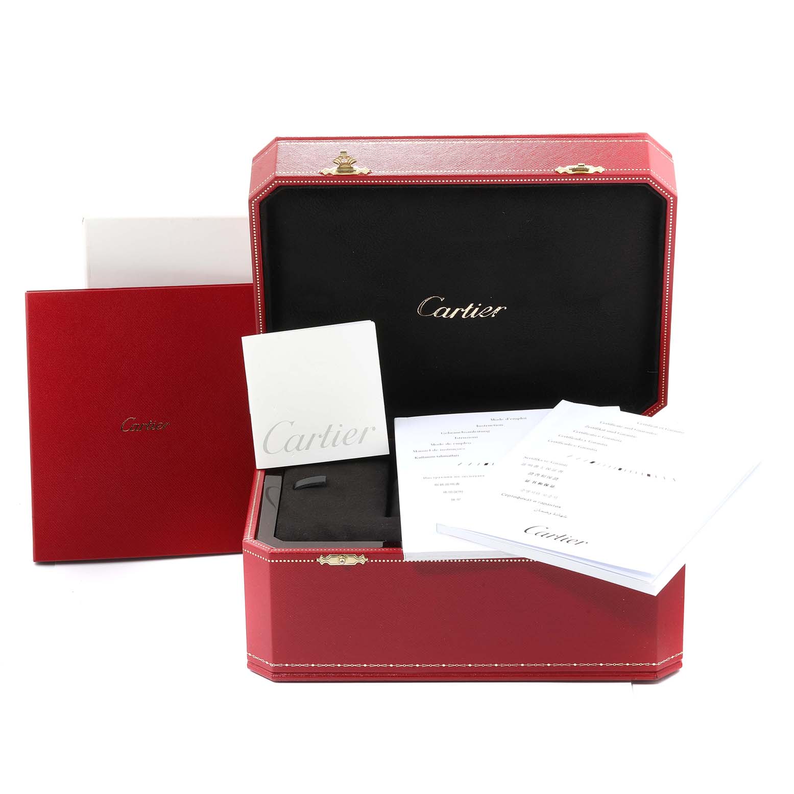 The image shows the packaging and documents for the Cartier Tank A Vis W1539951P Men's Platinum Silver Dial W1539951P Men's Platinum Silver Dial model, including a red box, booklets, and a black interior.