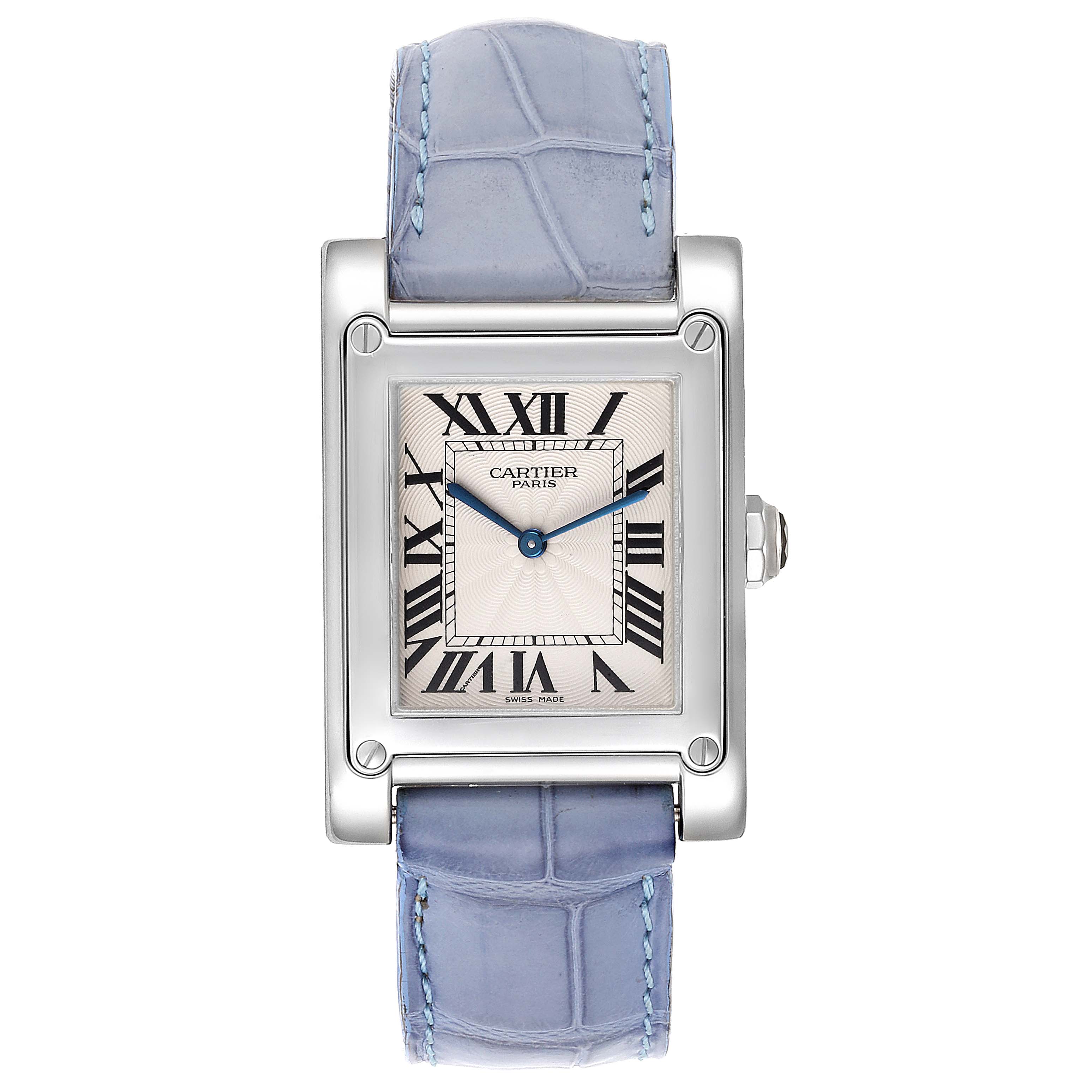 The image shows a front view of a Cartier Tank A Vis W1539951P Men's Platinum Silver Dial W1539951P Men's Platinum Silver Dial watch with a blue leather strap and Roman numeral hour markers.