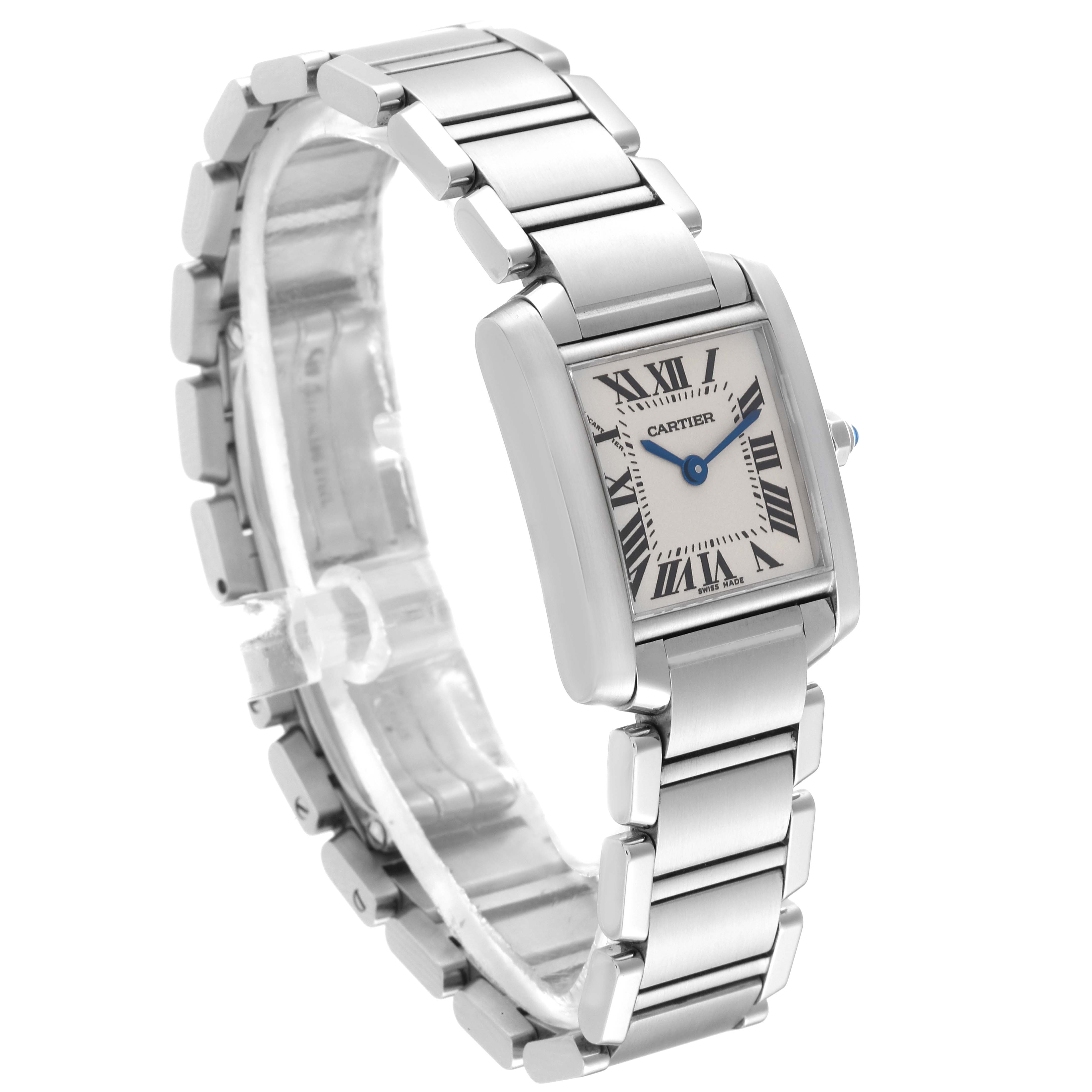The image shows a side angle of the Cartier Tank Francaise W51008Q3 Women's Stainless Steel Silver Dial W51008Q3 Women's Stainless Steel Silver Dial watch, highlighting its rectangular face and stainless-steel bracelet.