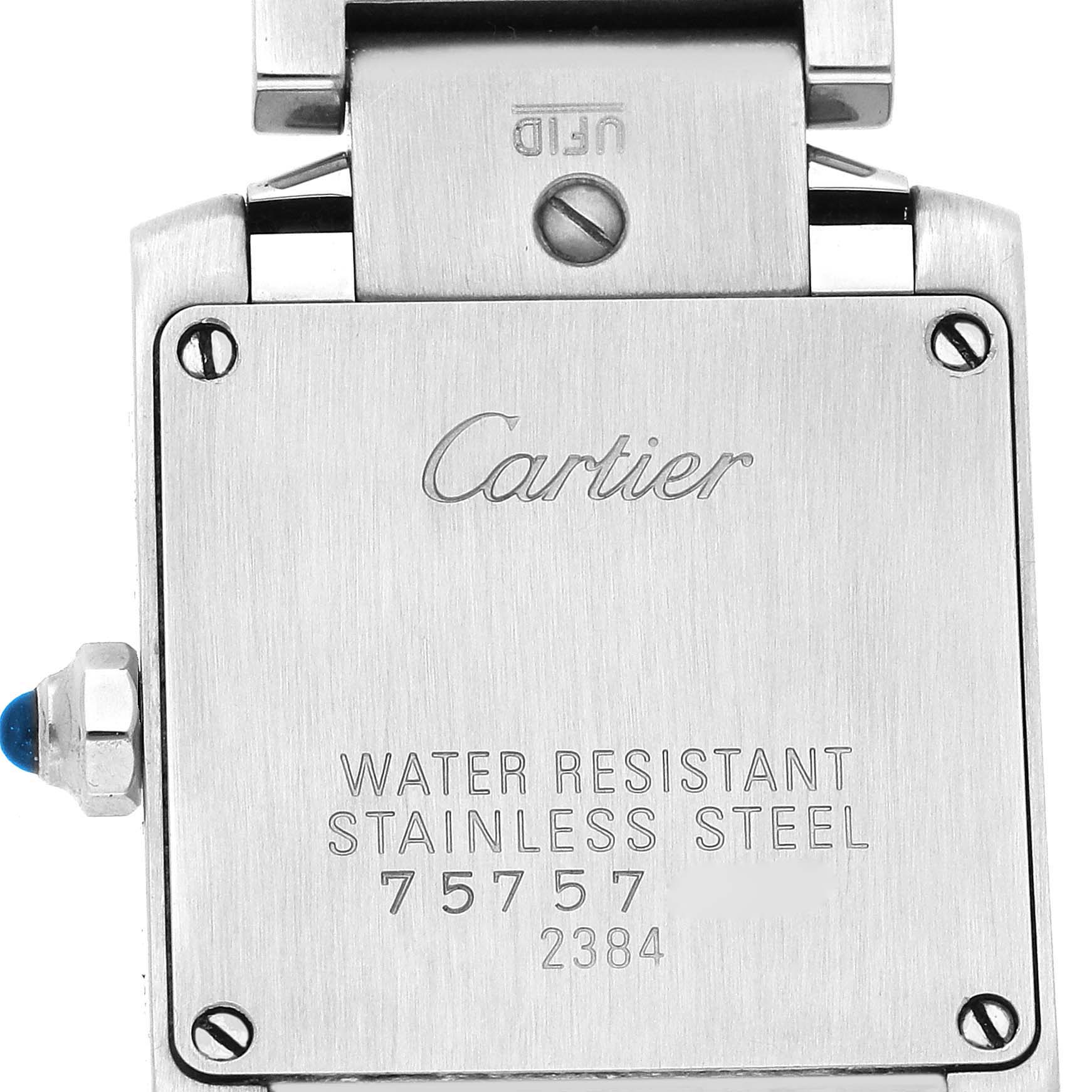 This image shows the back of a Cartier Tank Francaise W51008Q3 Women's Stainless Steel Silver Dial W51008Q3 Women's Stainless Steel Silver Dial watch, displaying its stainless steel material and water resistance.