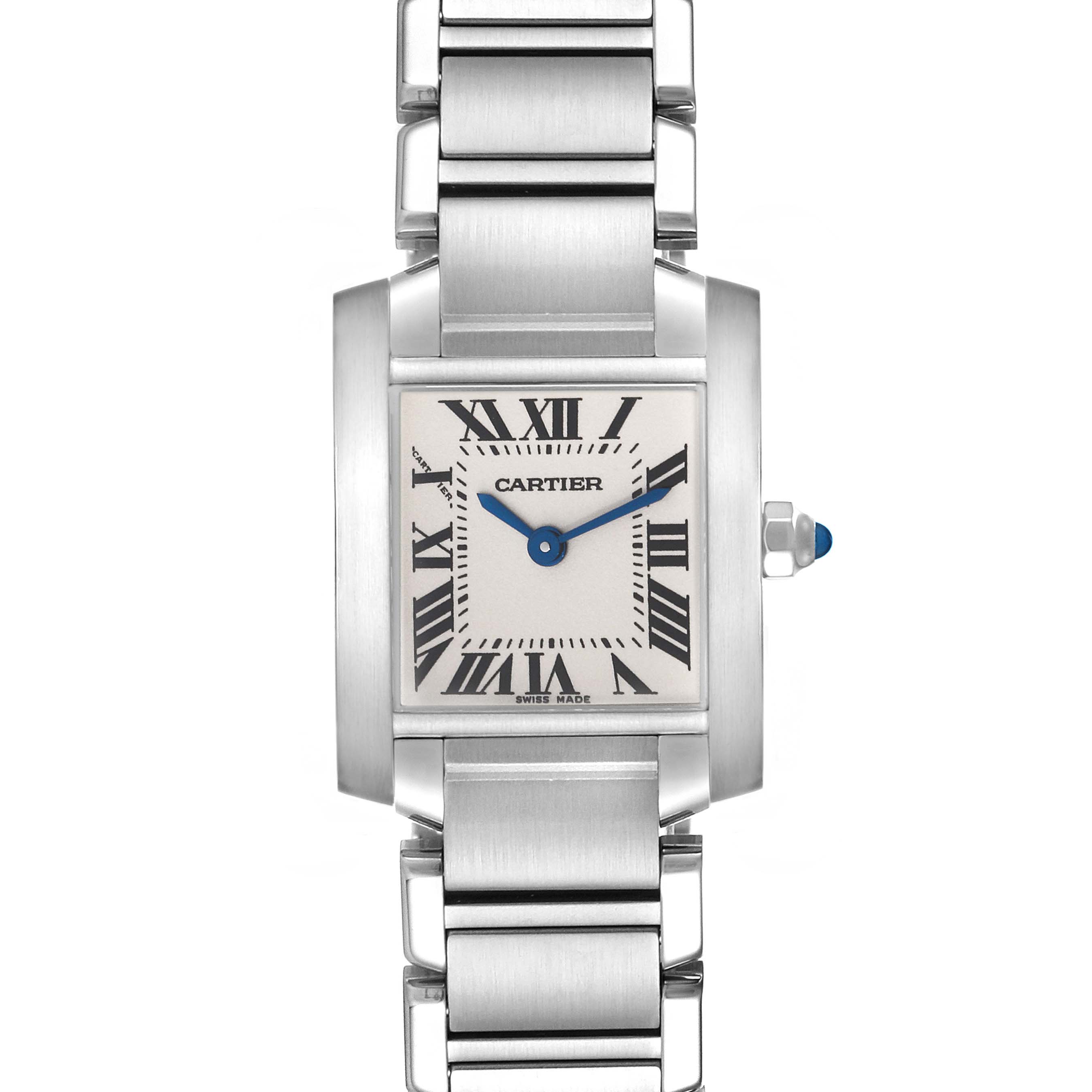 The image shows a Cartier Tank Française watch from a front angle, displaying its dial, bracelet, and crown.