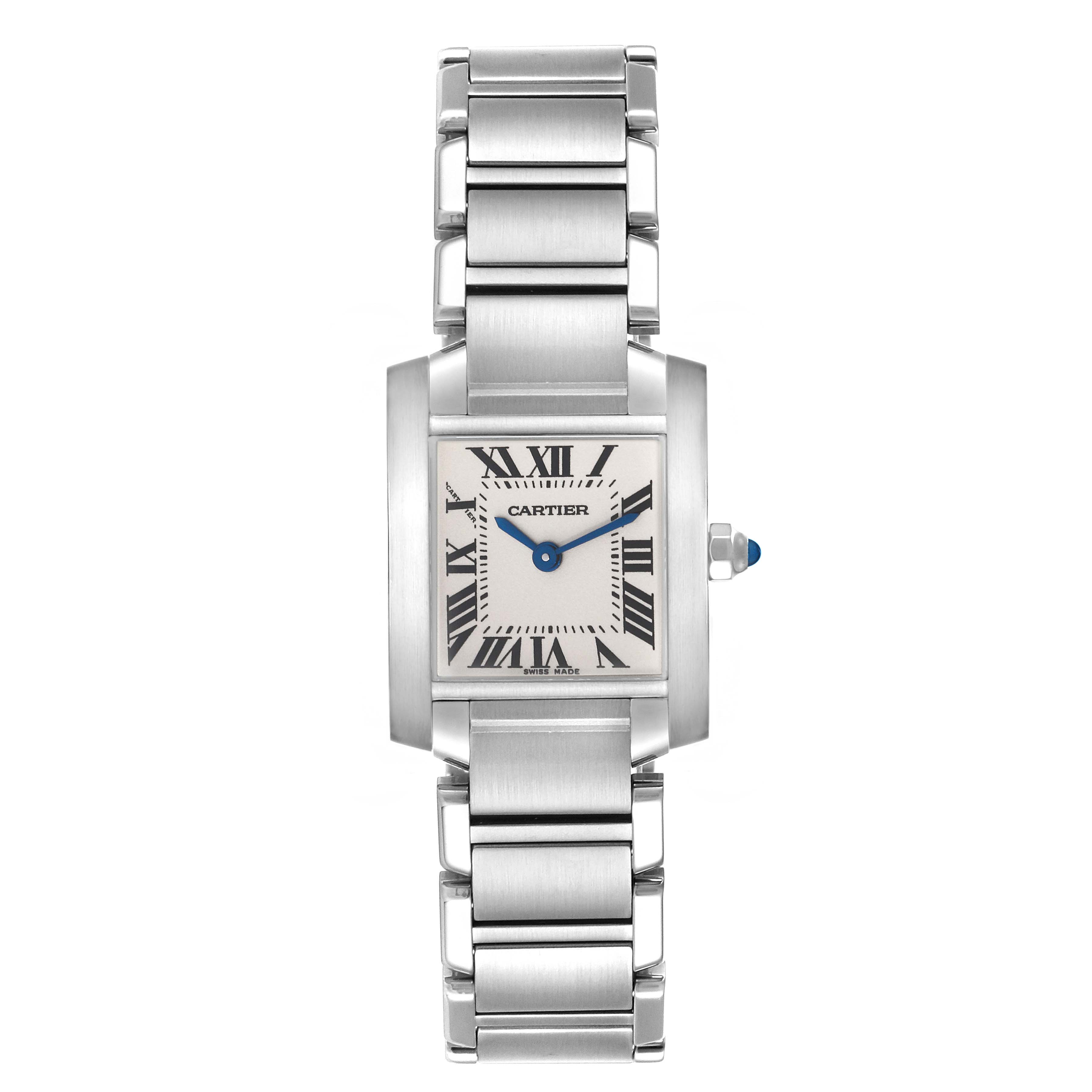 This image shows a Cartier Tank Française watch, displaying the face, bracelet, and crown from a top-down angle.