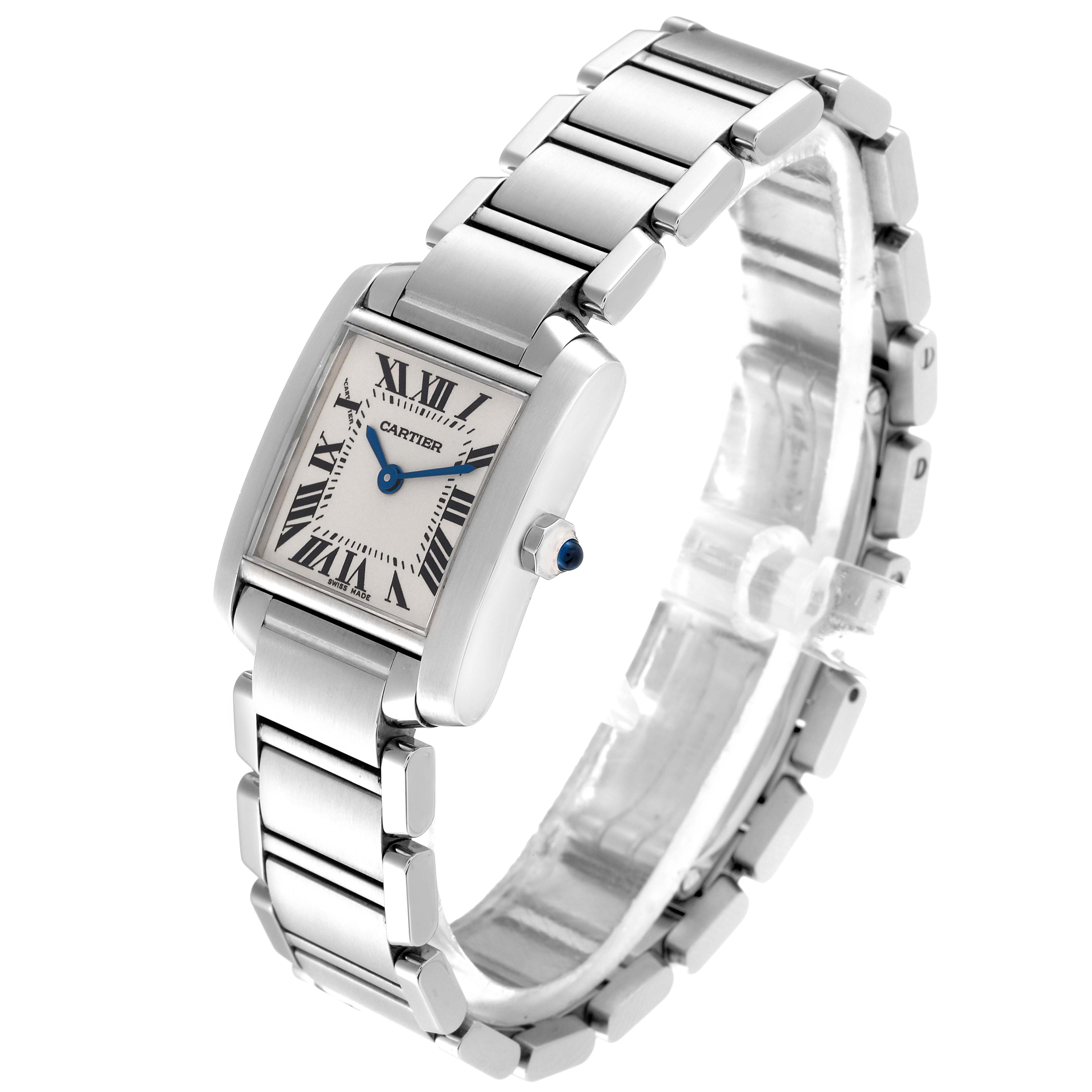 The Cartier Tank Francaise W51008Q3 Women's Stainless Steel Silver Dial W51008Q3 Women's Stainless Steel Silver Dial watch is shown at a three-quarter angle, displaying the face, crown, and stainless steel bracelet.