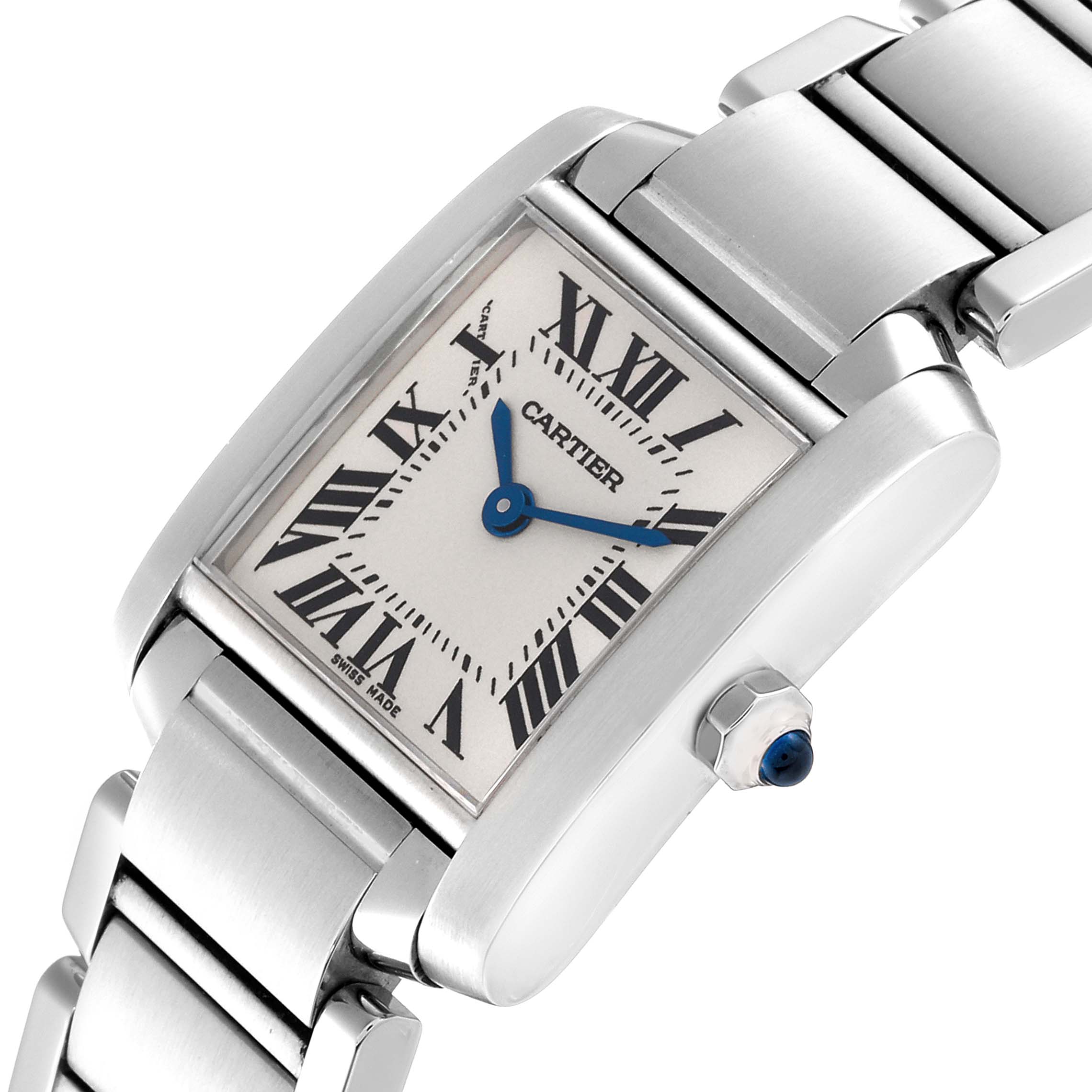This image shows a close-up angled view of the Cartier Tank Francaise W51008Q3 Women's Stainless Steel Silver Dial W51008Q3 Women's Stainless Steel Silver Dial model, highlighting the face, bracelet, and crown.