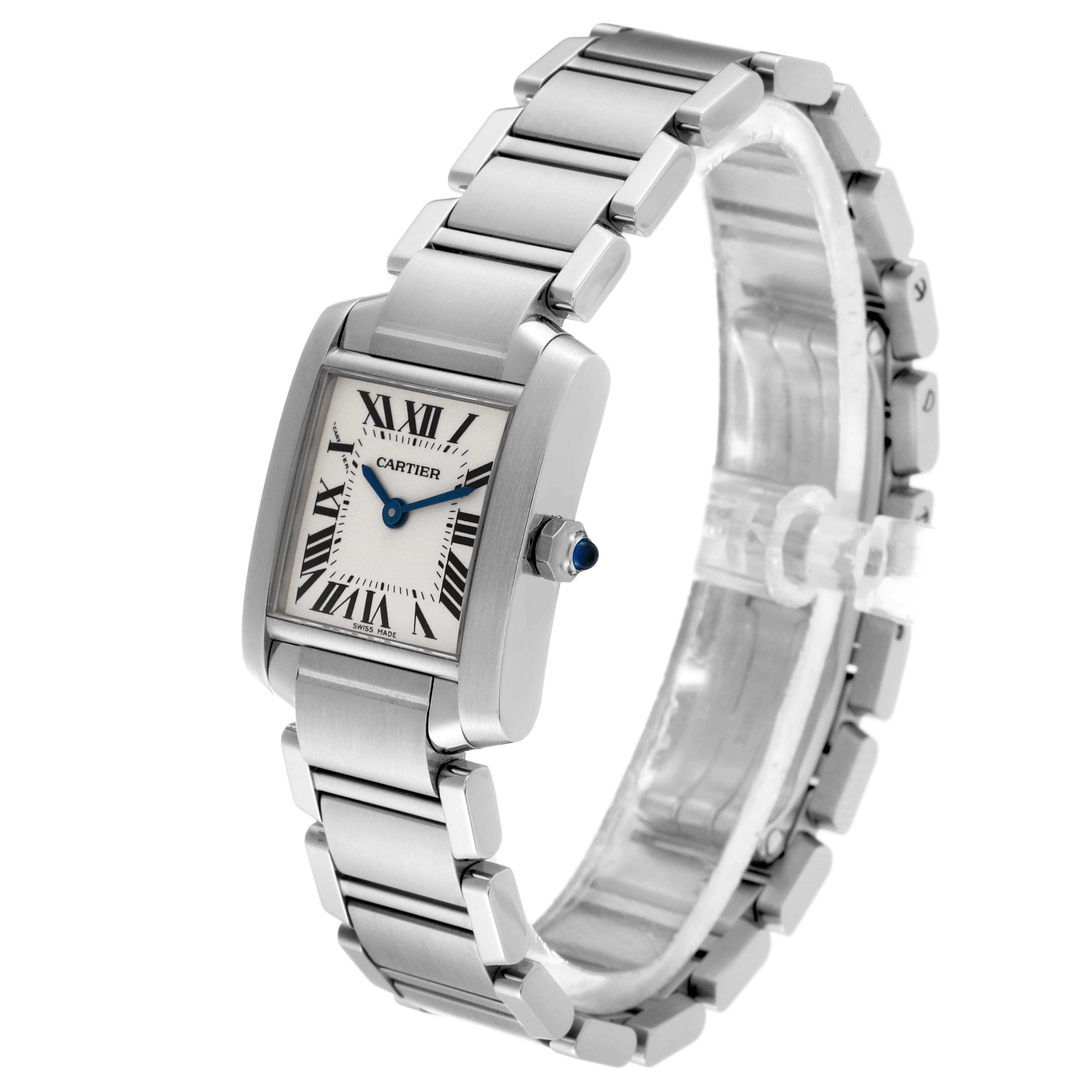The Cartier Tank Francaise W51008Q3 Women's Stainless Steel Silver Dial W51008Q3 Women's Stainless Steel Silver Dial watch is shown at a three-quarter angle, highlighting its dial, bracelet, and crown.