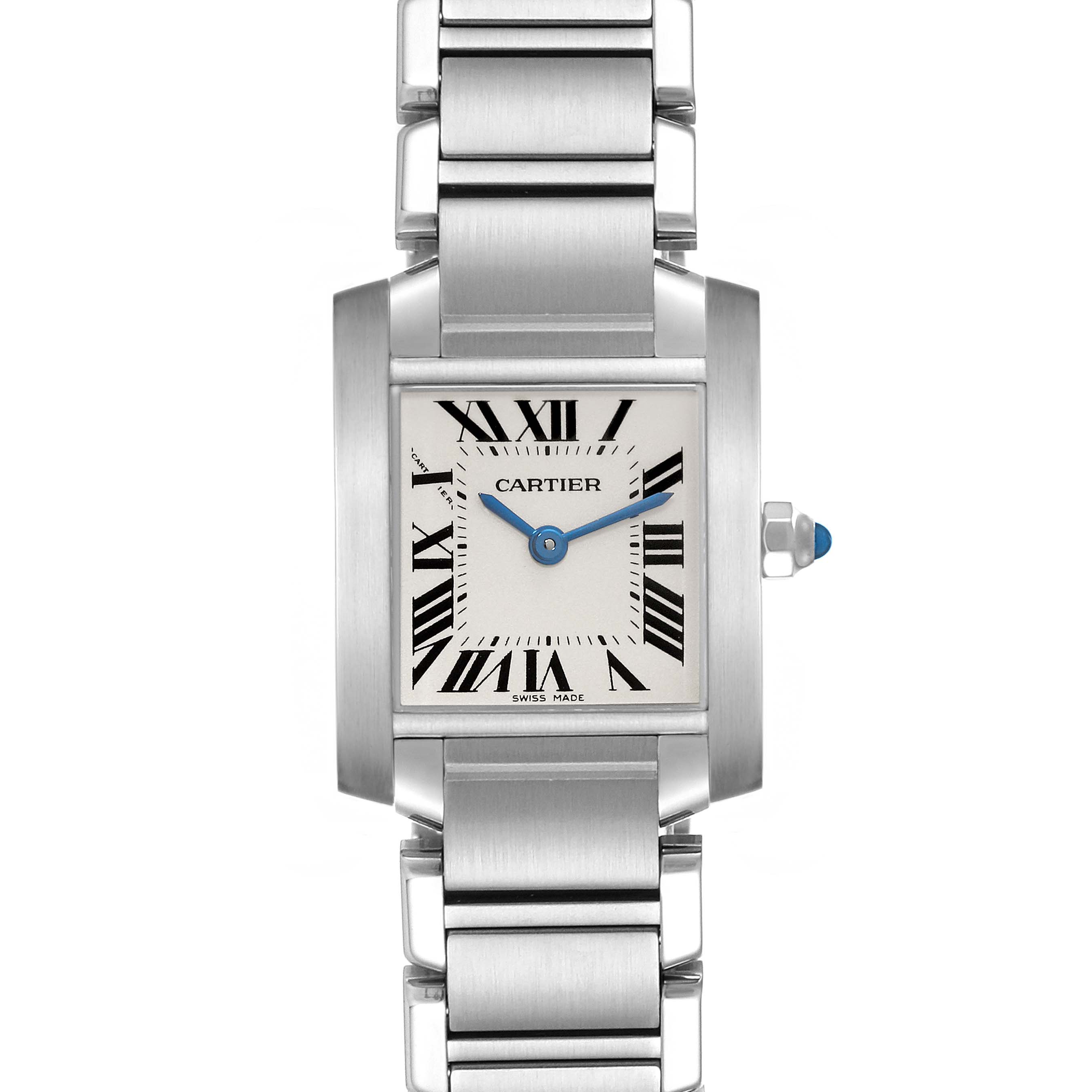 The image shows the face and stainless steel bracelet of the Cartier Tank Francaise W51008Q3 Women's Stainless Steel Silver Dial W51008Q3 Women's Stainless Steel Silver Dial watch from a front angle.