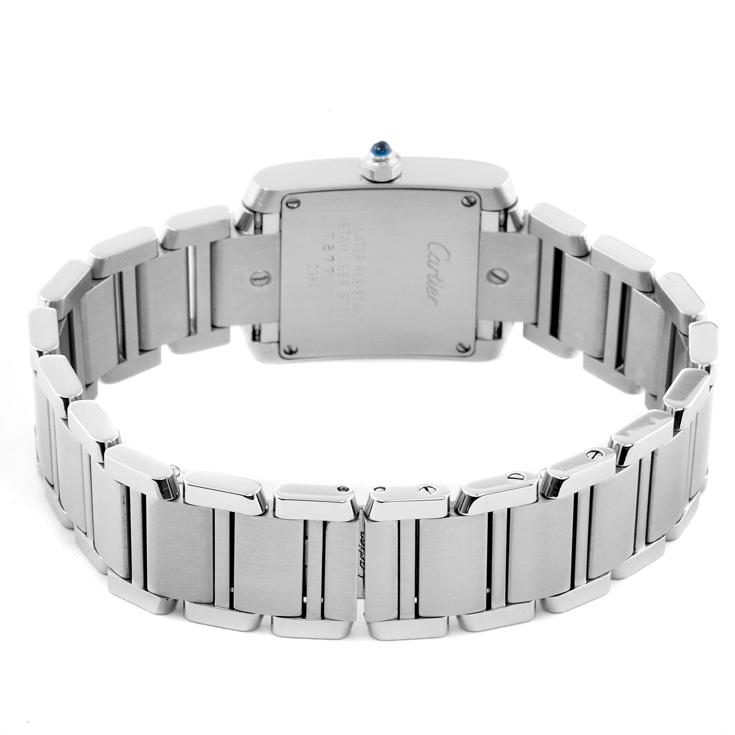 The image shows the back view of a Cartier Tank Francaise W51008Q3 Women's Stainless Steel Silver Dial W51008Q3 Women's Stainless Steel Silver Dial watch, highlighting the bracelet and case back.