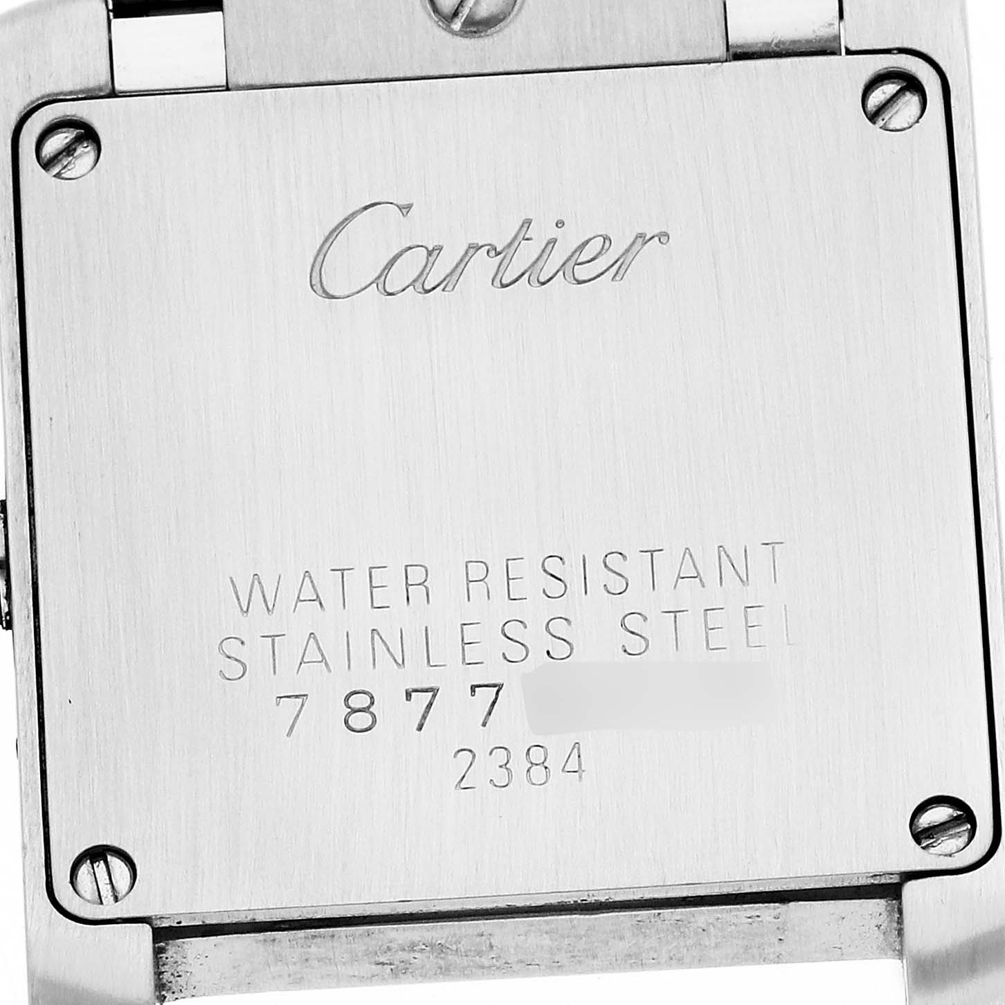 This is the back case of a Cartier Tank Française watch, showing details like the brand, water resistance, and material.