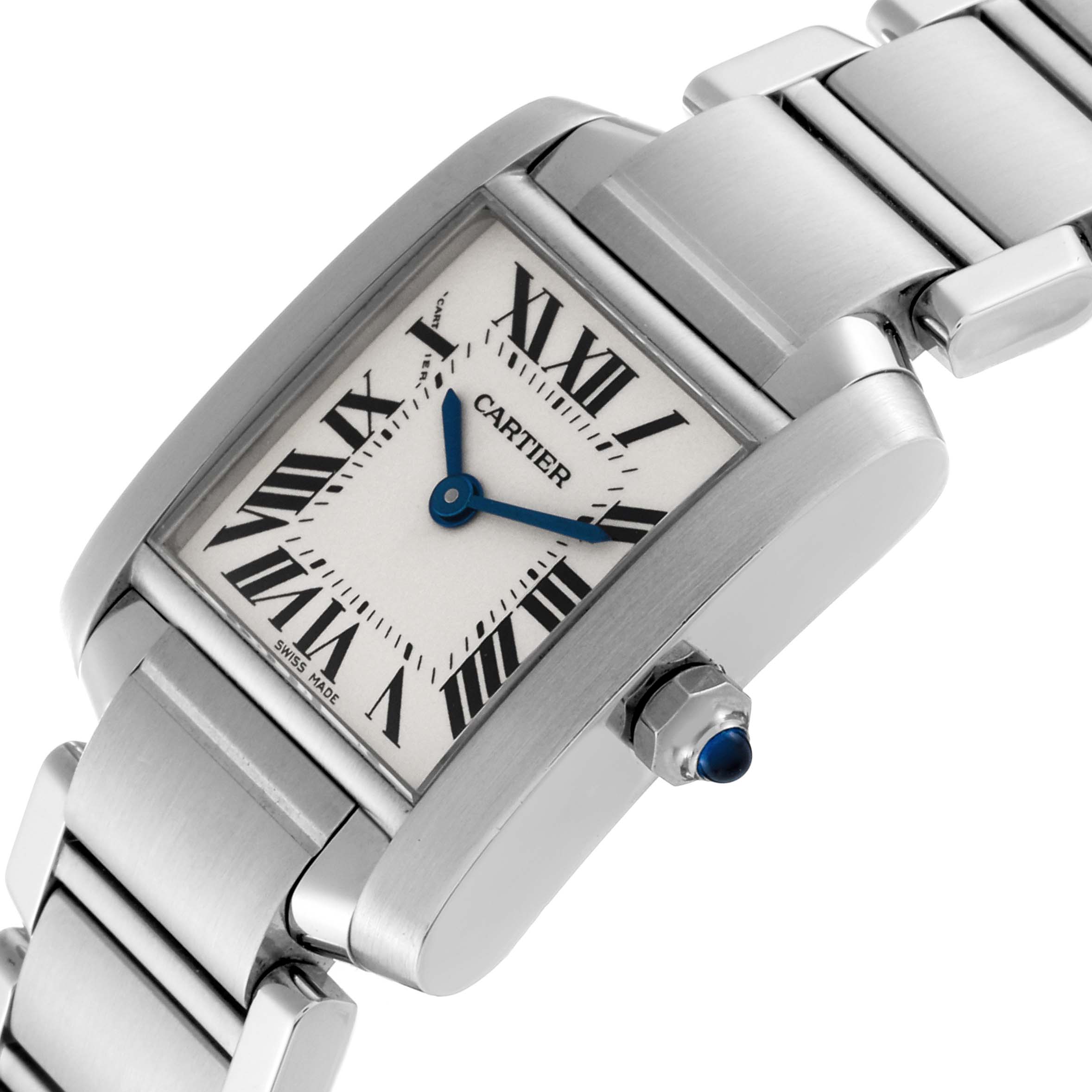 The image shows a close-up, angled view of the Cartier Tank Francaise W51008Q3 Women's Stainless Steel Silver Dial W51008Q3 Women's Stainless Steel Silver Dial watch, highlighting its rectangular face, Roman numerals, and metal bracelet.