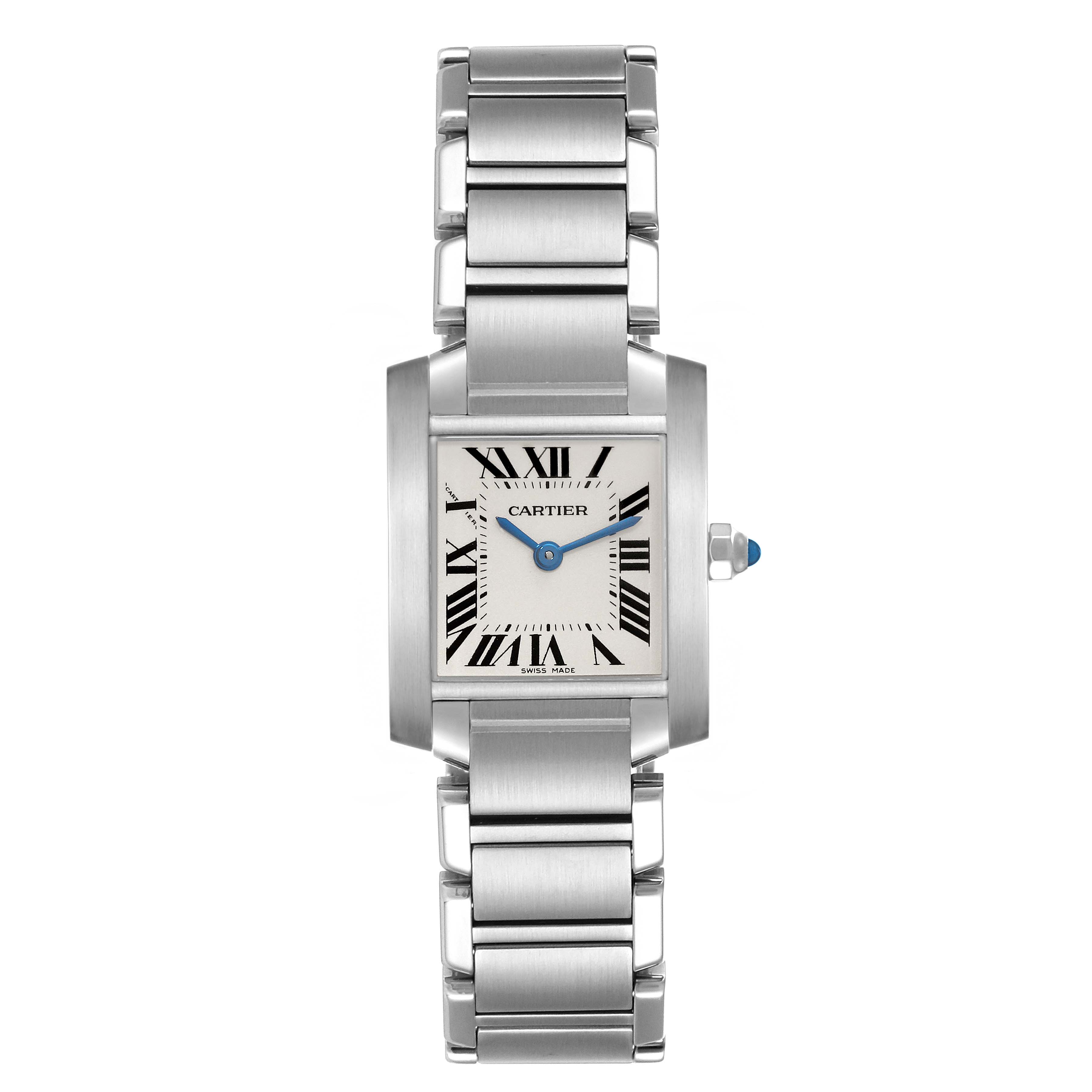 The image shows a head-on view of the Cartier Tank Francaise W51008Q3 Women's Stainless Steel Silver Dial W51008Q3 Women's Stainless Steel Silver Dial watch, displaying its face, bracelet, and crown.