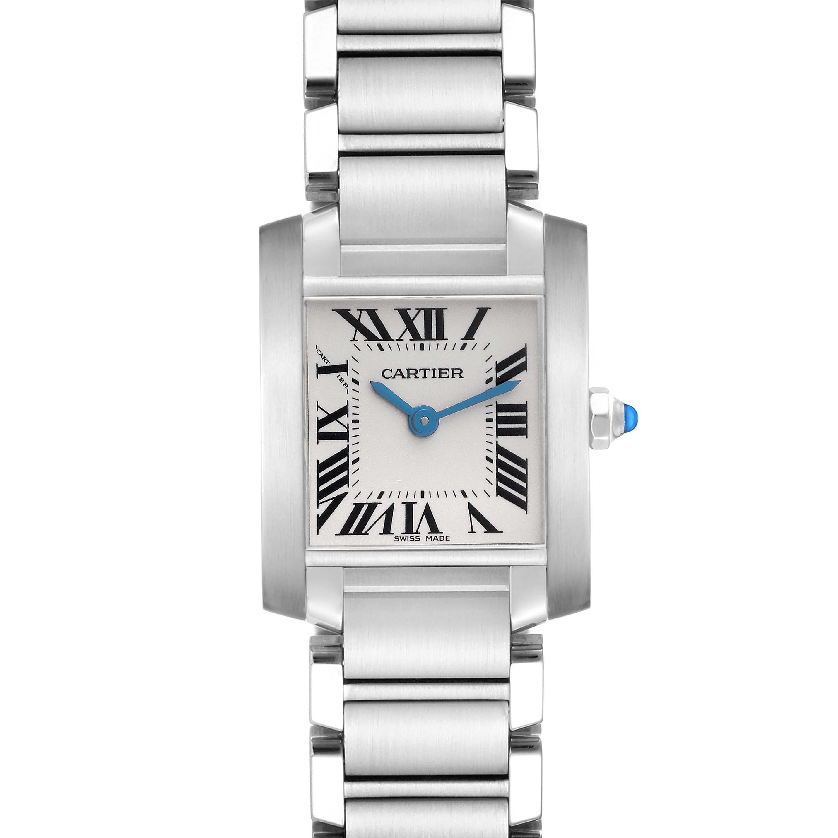 The Cartier Tank Francaise W51008Q3 Women's Stainless Steel Silver Dial W51008Q3 Women's Stainless Steel Silver Dial watch is shown from a front angle, highlighting its square dial, Roman numerals, blue hands, and metal bracelet.