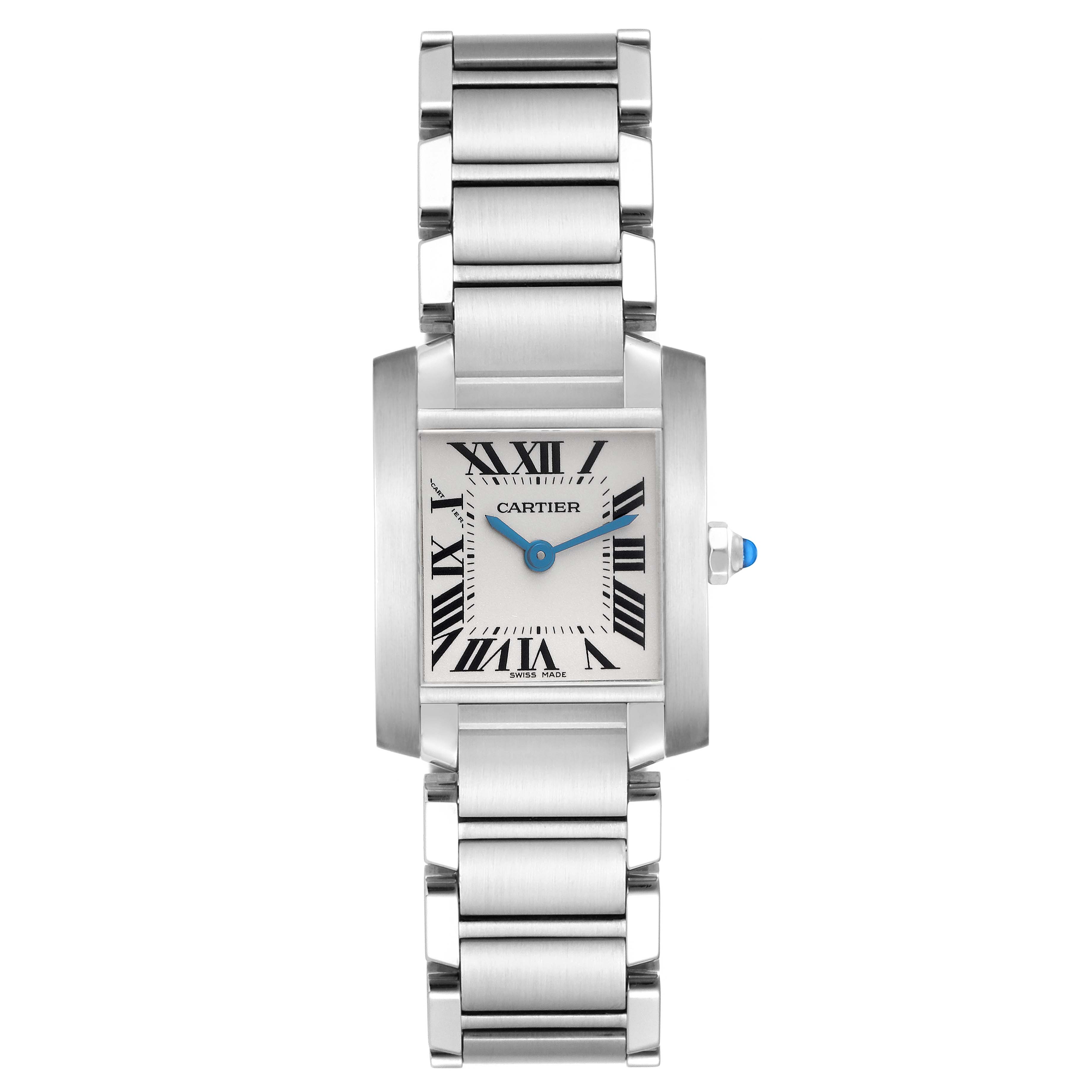 The Cartier Tank Française is shown from a front view, highlighting the rectangular face, Roman numerals, and metal bracelet.