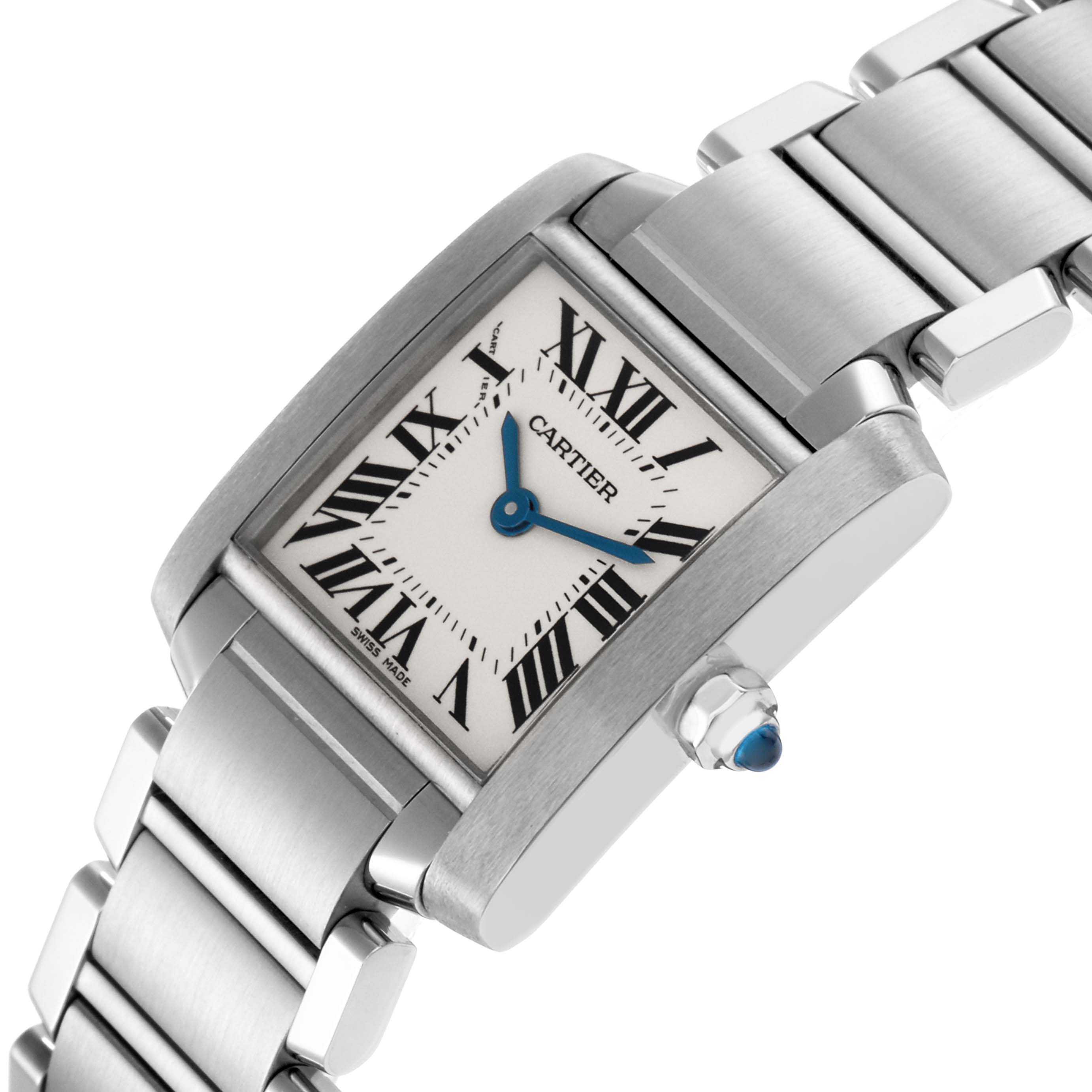 The Cartier Tank Francaise W51008Q3 Women's Stainless Steel Silver Dial W51008Q3 Women's Stainless Steel Silver Dial watch is shown at an angled close-up, displaying the face, crown, and part of the metal bracelet.