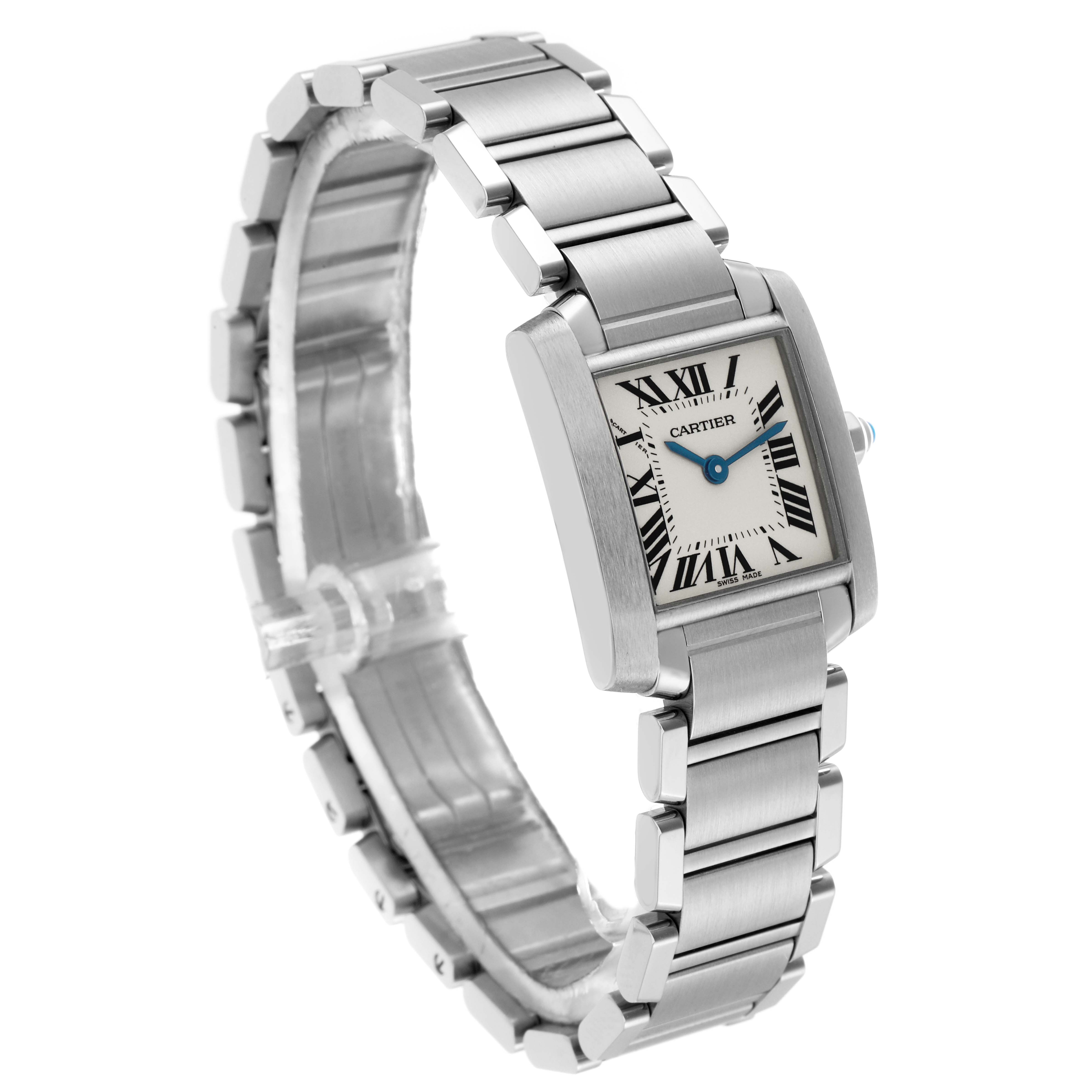 The Cartier Tank Francaise W51008Q3 Women's Stainless Steel Silver Dial W51008Q3 Women's Stainless Steel Silver Dial watch is shown at an angled side view, highlighting the rectangular face and metal bracelet.