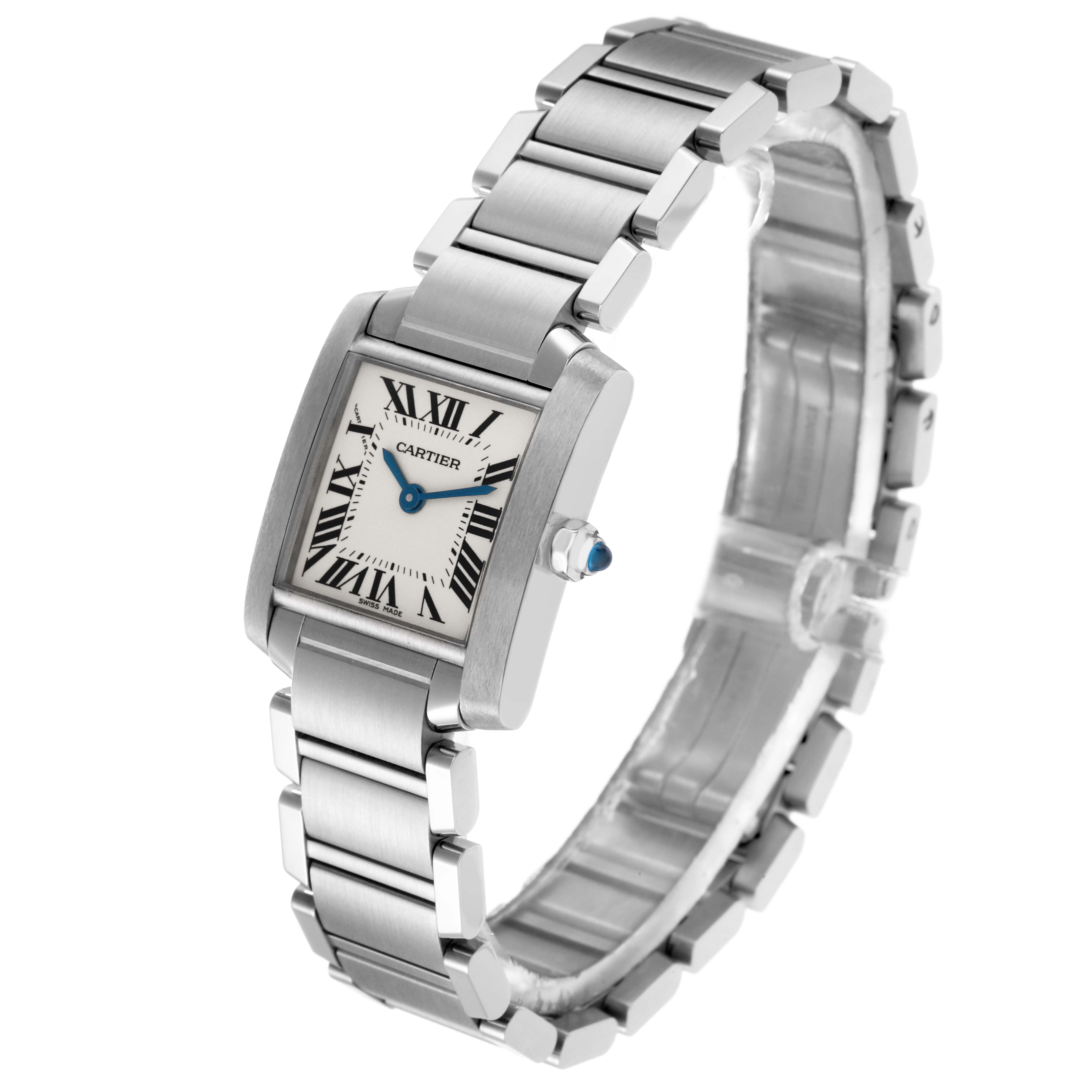 The Cartier Tank Française watch is shown at a three-quarter angle, displaying its rectangular face, Roman numerals, and metal bracelet.