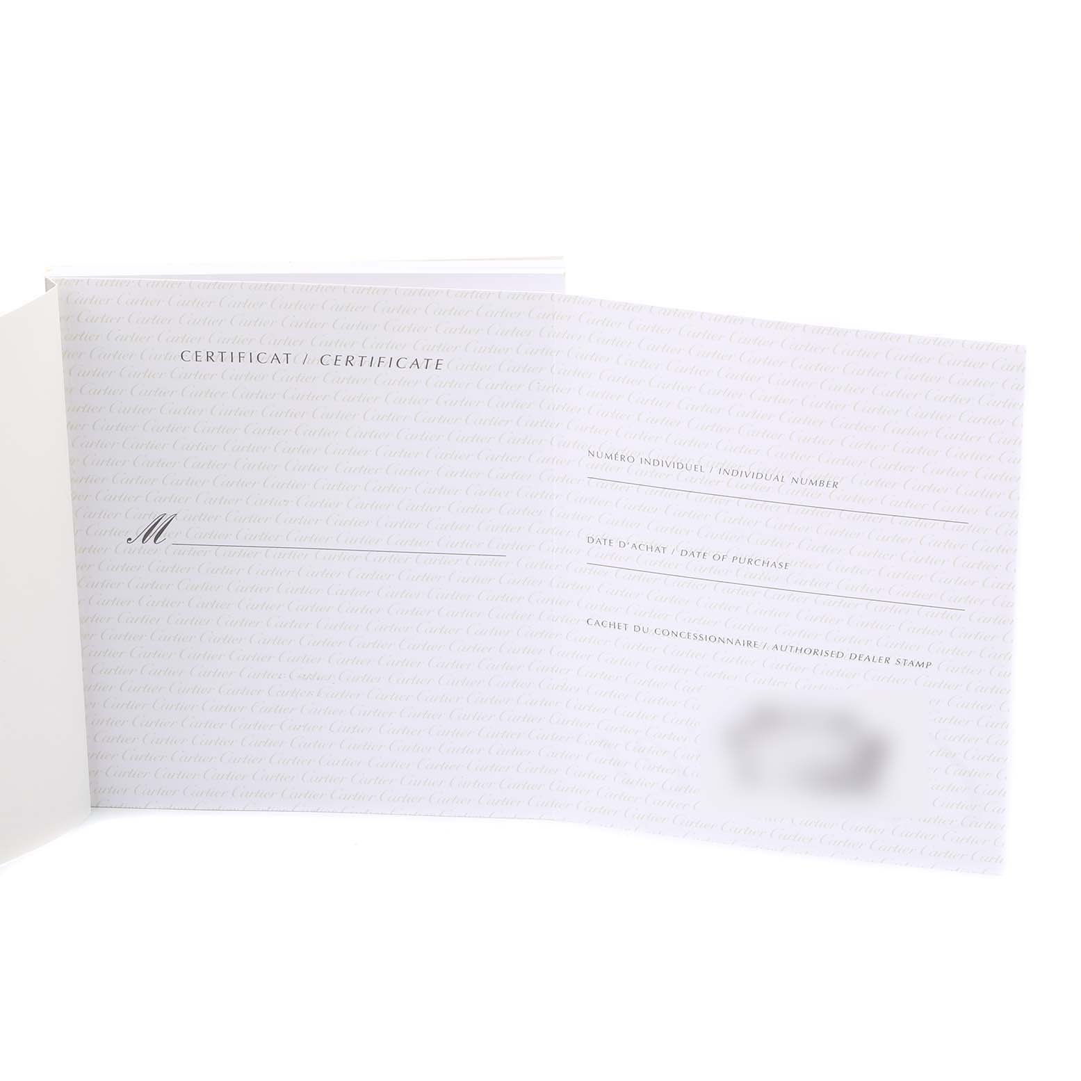 This image shows a close-up of the certificate for the Cartier Tank Francaise W51007Q4 Women's Steel and Gold (two tone) Silver Dial W51007Q4 Women's Steel and Gold (two tone) Silver Dial watch, including spaces for individual number, date of purchase, and dealer stamp.