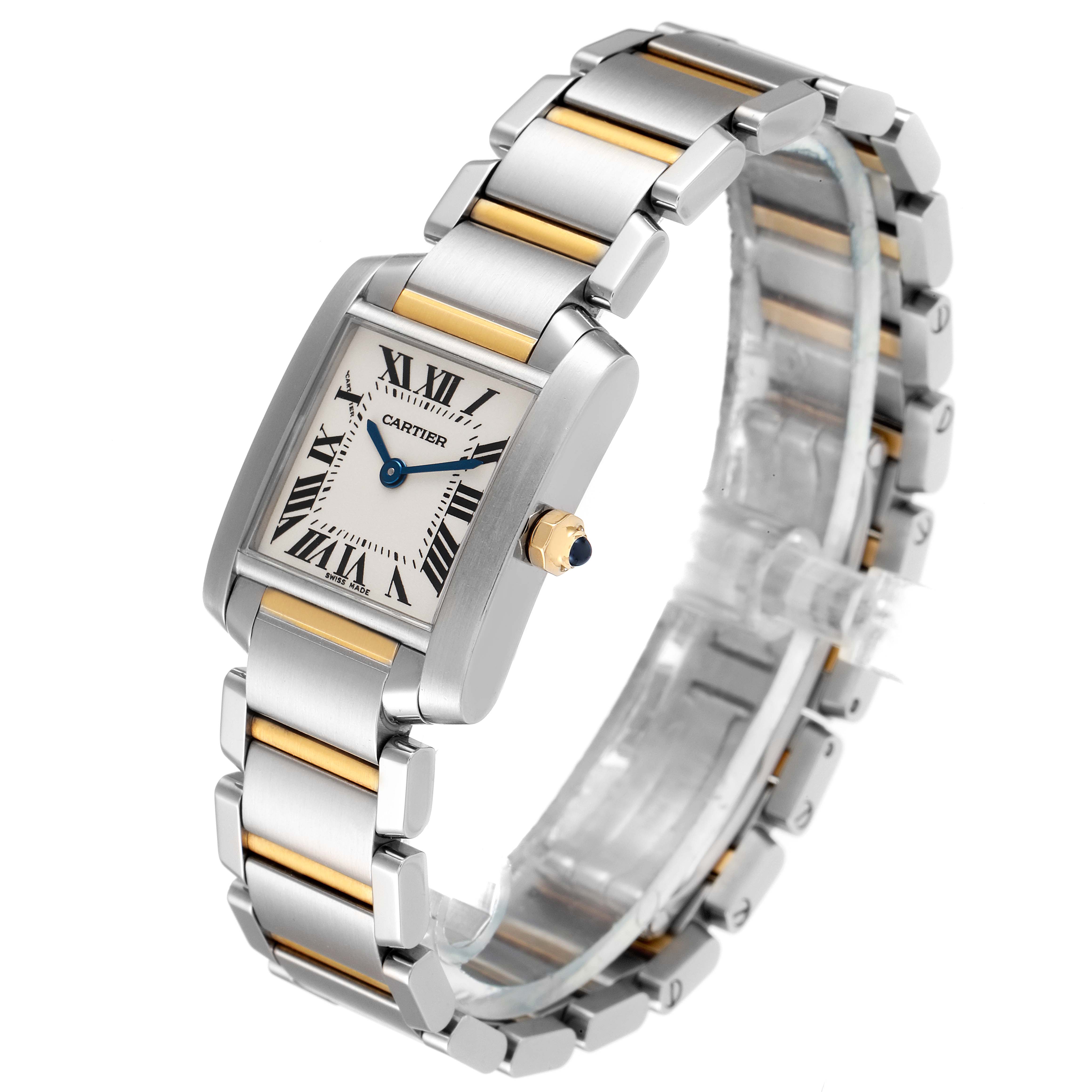 This image shows the front and side angle of the Cartier Tank Française watch, emphasizing its two-tone bracelet and dial.